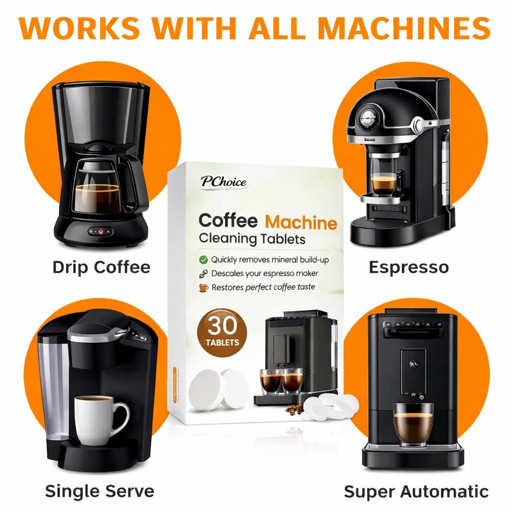 PChoice Coffee Machine Cleaning Tablets 30 Count - Descaler & Mineral Buildup Remover, Compatible with Ninja, Delonghi, Nespresso, Keurig & All Coffee
