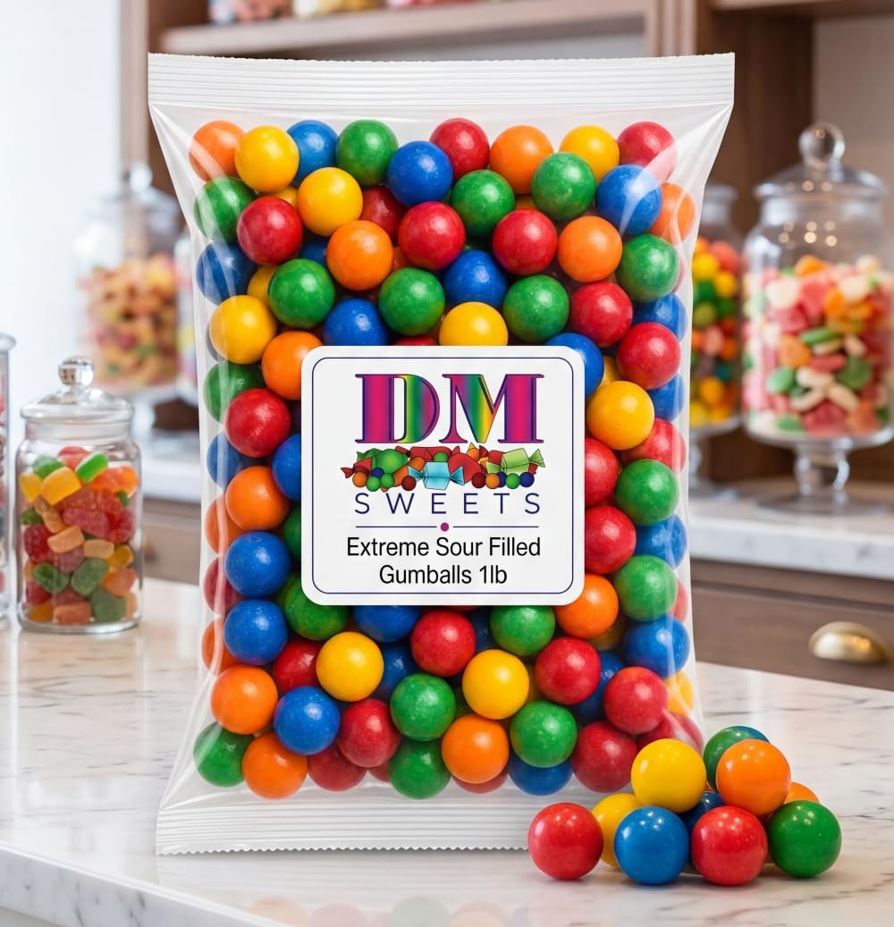 Extreme Sour FIlled Gumballs - 1 lb of 1" Tangy Fruit Flavored Gumballs with Sour Powder Inside