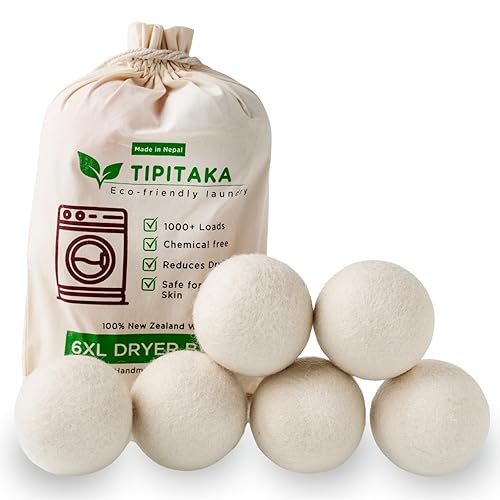 Tipitaka Laundry Wool Dryer Balls | Natural Fabric Softener - Reusable, Eco-Friendly, Reduces Drying Time - Wool Balls Replaces Dryer Sheets - 6 XL