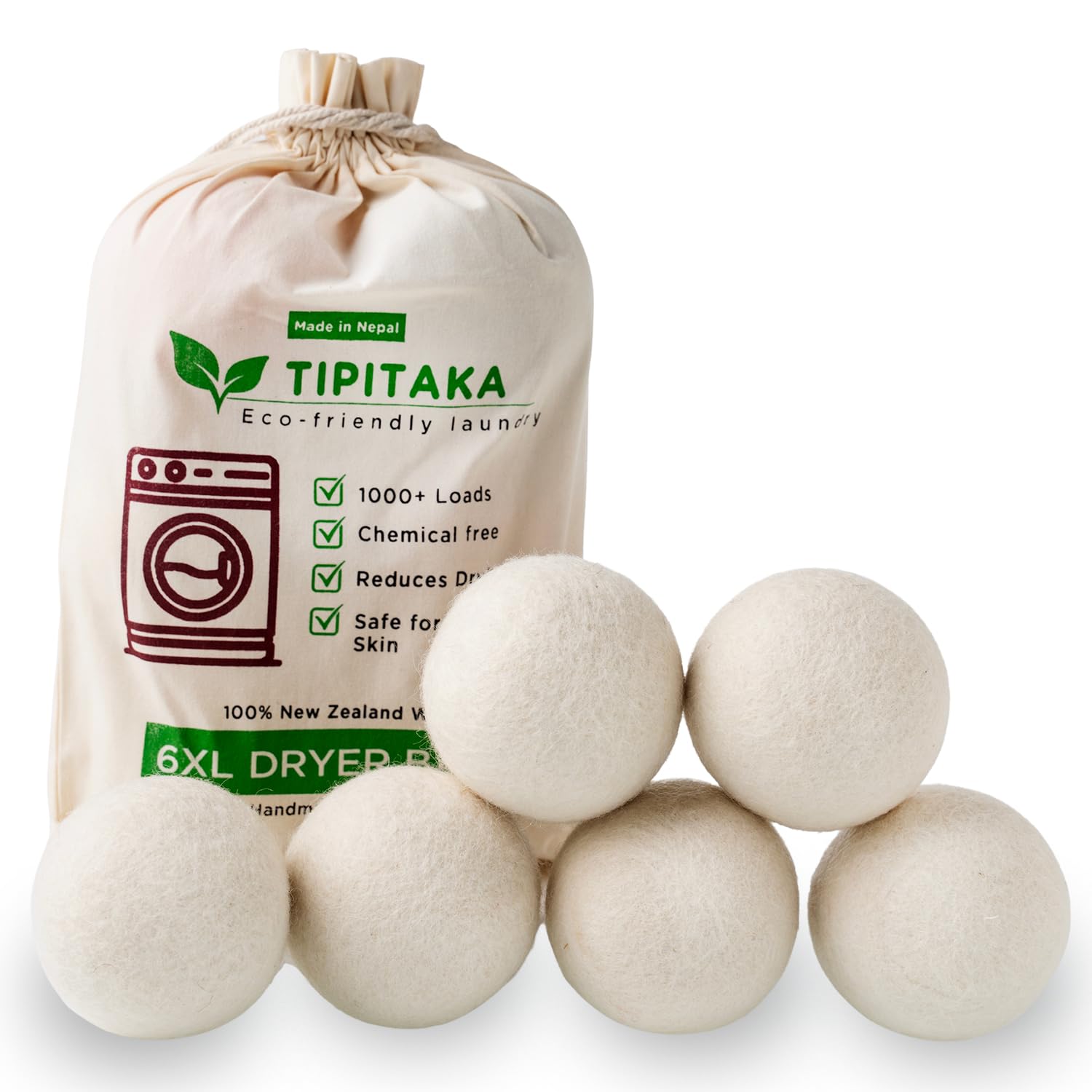 Tipitaka Laundry Wool Dryer Balls | Natural Fabric Softener - Reusable, Eco-Friendly, Reduces Drying Time - Wool Balls Replaces Dryer Sheets - 6 XL