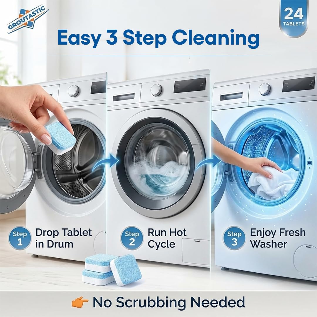 Groutastic Washing Machine Cleaner Tablets 24 Count Deep Cleaning Descaler for Washer Removes Odor Residue and Buildup Works with Front Load and Top