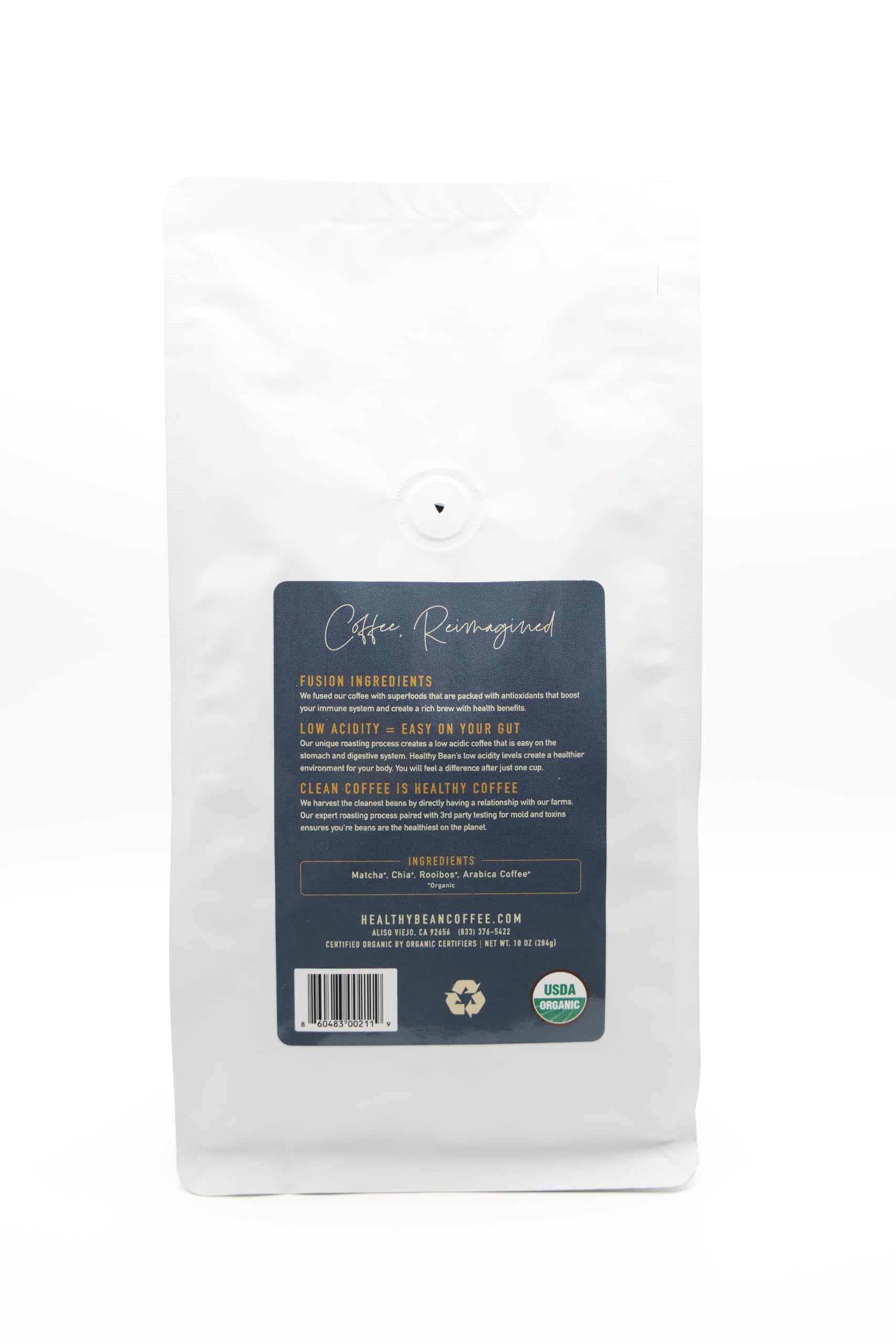 Healthy Bean Organic Low Acid Coffee Beans - USDA Organic Mold-Free, Superfood Infused, Clean and Healthy - Low Acid for Sensitive Stomachs