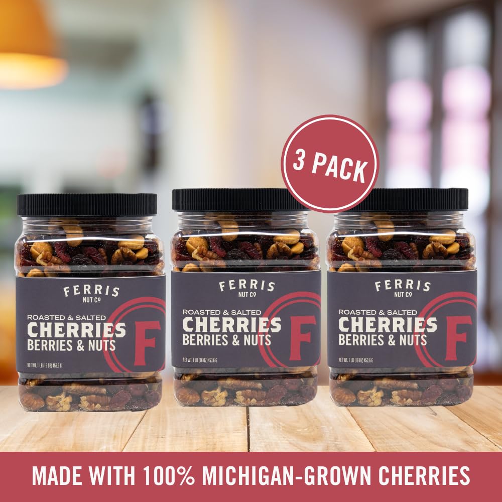 Ferris Coffee & Nut Co. Cherries Berries and Nuts with Roasted and Salted Nuts, 16 oz jar (3-pack) Healthy Snacking, Trail Mix
