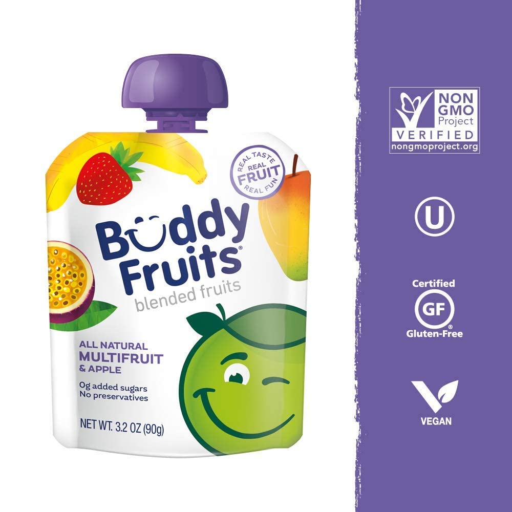 Buddy Fruits Variety Pack Fruit Pouches for Kids - Multifruit & Strawberry Unsweetened Applesauce, 3.2oz Squeeze Pouches (Pack of 24) | 100% Real