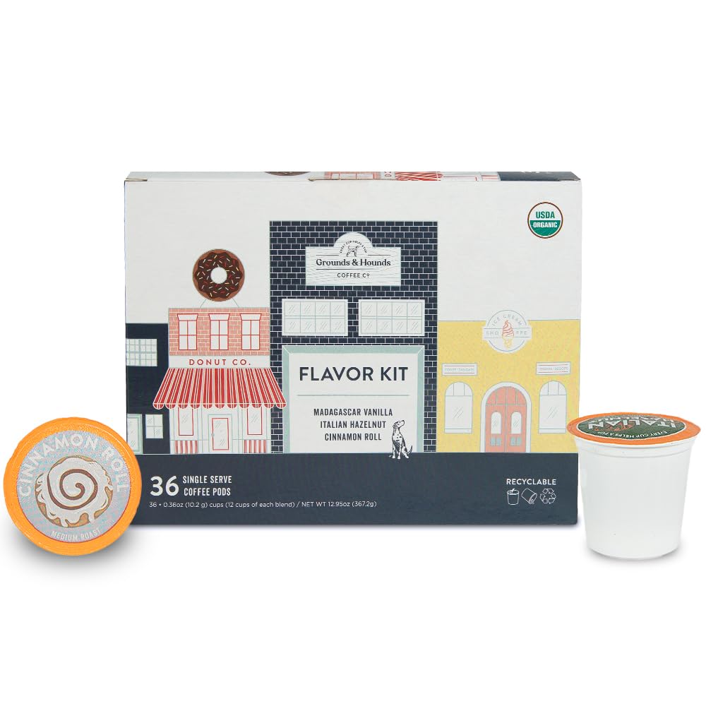 Grounds & Hounds Single Serve Organic Coffee Pods - K Cup Coffee Pods Compatible with Keurig, Flavored Variety Pack Coffee K Cups, Recyclable Coffee