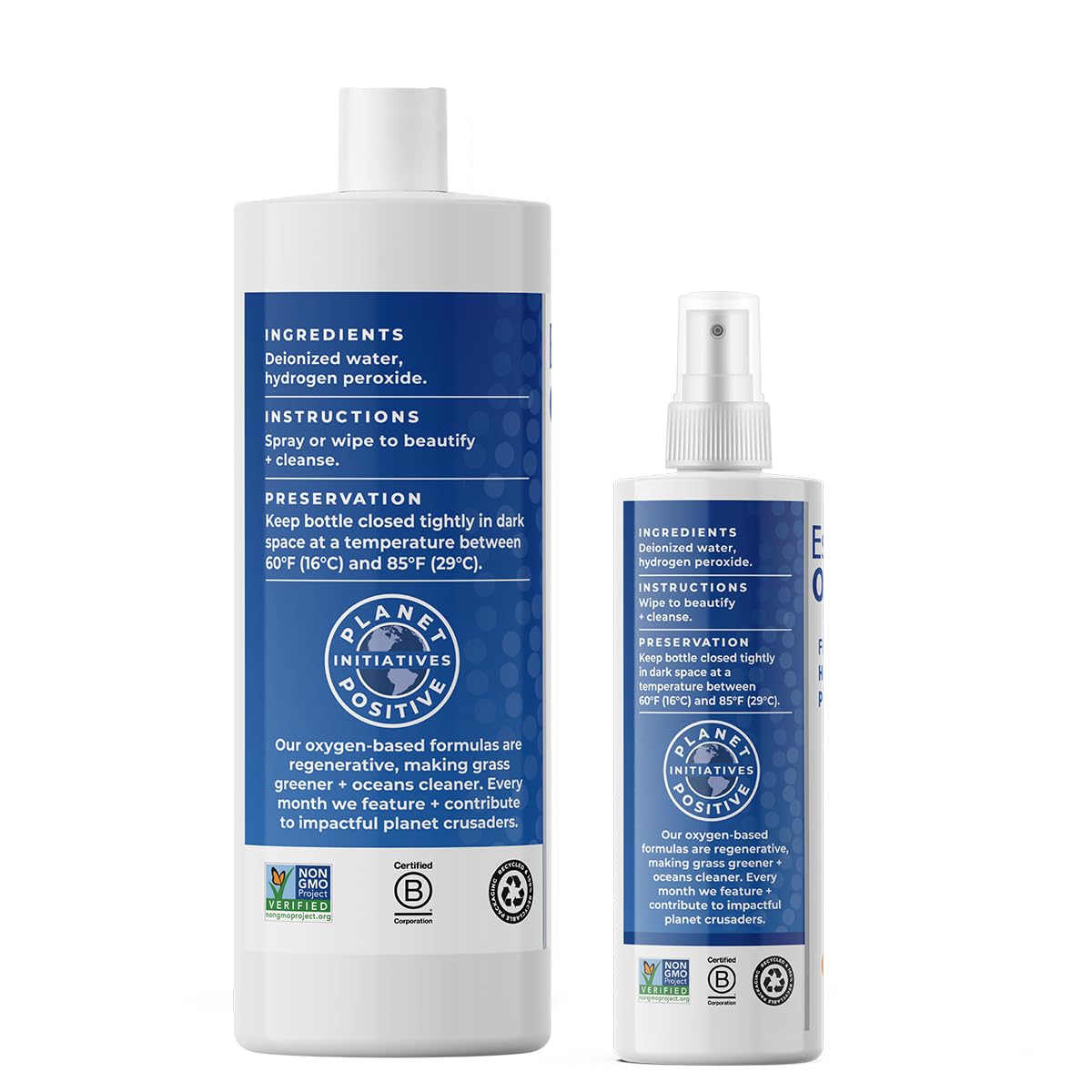 Essential Oxygen, Food Grade Hydrogen Peroxide, 8 + 32 fl oz, Natural Cleaner, 3%, 1 - 8 fl oz spray and 1 - 32 fl oz bottle, Refill, HP (Pack of 2)