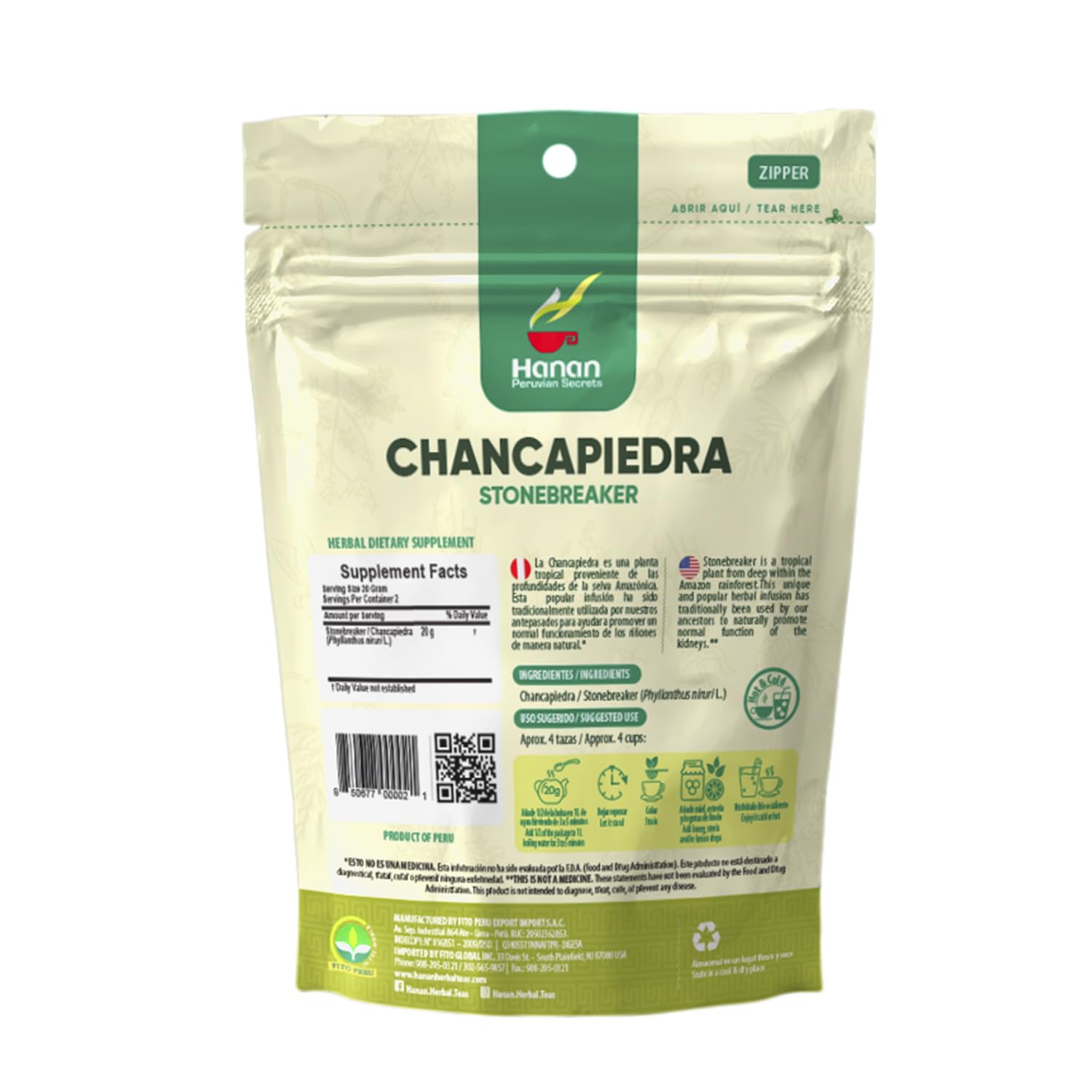 Hanan Peruvian Secrets Chancapiedra Herbal Tea | 100% Natural Stonebreaker | 1.41oz / 40g Loose Leaf Bag | Aids in Promoting Normal Kidney Function
