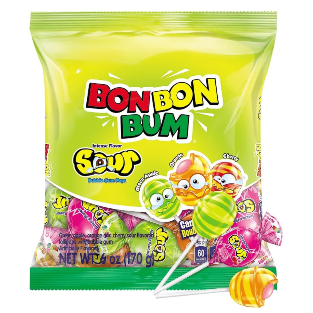 Bon Bon Bum - Fruity Lollipop with Bubble Gum center - Perfect for Parties and Sharing (10 Pieces, Sour)