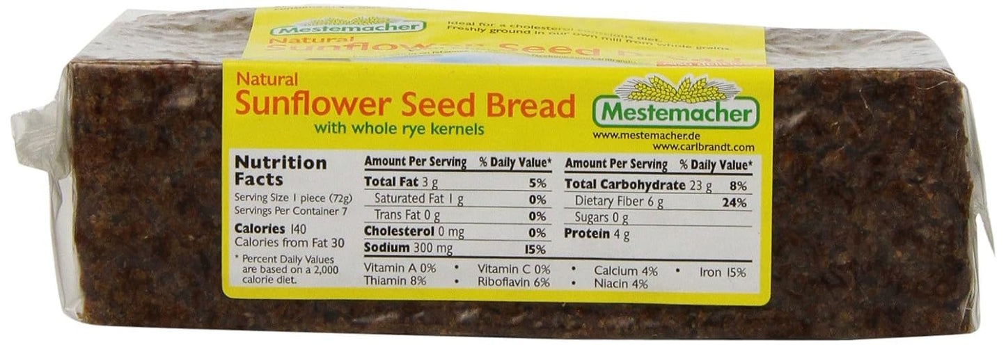 Mestemacher Natural Sunflower Seed Bread, 17.6 oz, German Whole Grain Bread with Sunflower Seeds,High Fiber, Non-GMO, Ready to Eat, Long Shelf Life