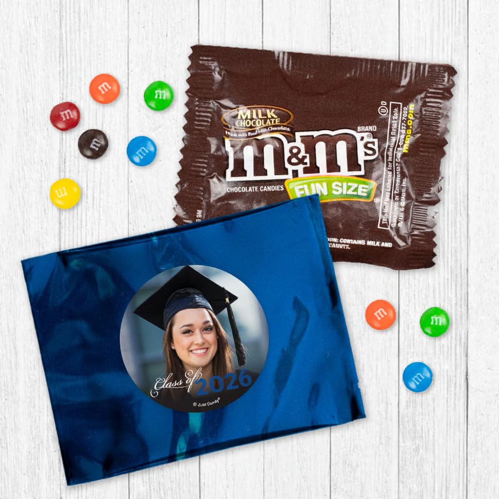 24ct Custom Blue Graduation Photo Fun Size Candy Bags With Chocolate Minis