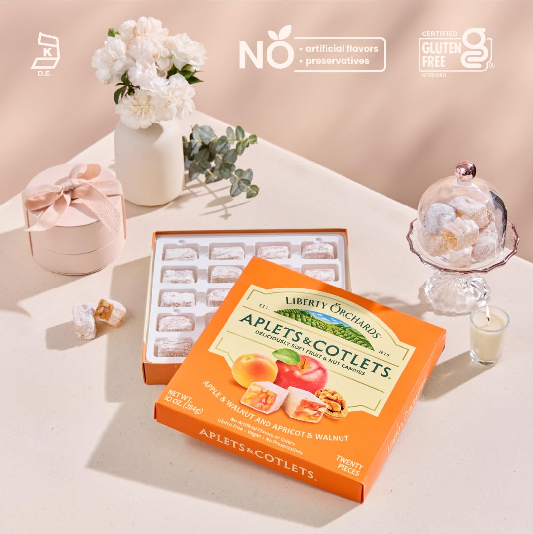 Liberty Orchards Original Aplets & Cotlets - Gourmet Chewy Snack in Gift Box, Gluten Free, Lokum with Nuts, Apricot Walnut Vegan Turkish Delight Candy