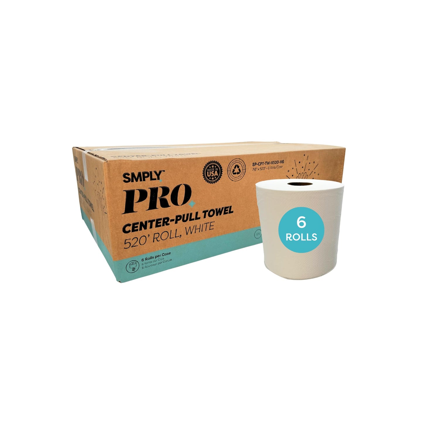 SMPLY PRO Center-Pull Towels, 6-Roll Case, 520’ Roll, 2-Ply White Disposable, Fits Universal Center-Pull Dispensers, Bulk Commercial Paper Towels
