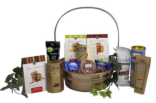 Gift Basket Village: Golden Elegance Medium - Luxurious Assortment of Cookies, Nuts, Wafer Rolls, Chocolates & Candy, Ideal Gift