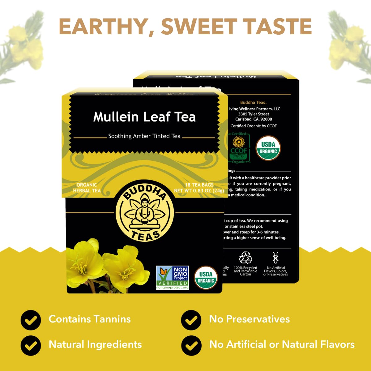 Buddha Teas - Mullein Leaf - Organic Herbal Tea - Single Ingredient - Warm Amber Hue - Mild, Earthy, Sweet Taste - Enjoy Hot or Cold - Caffeine Free