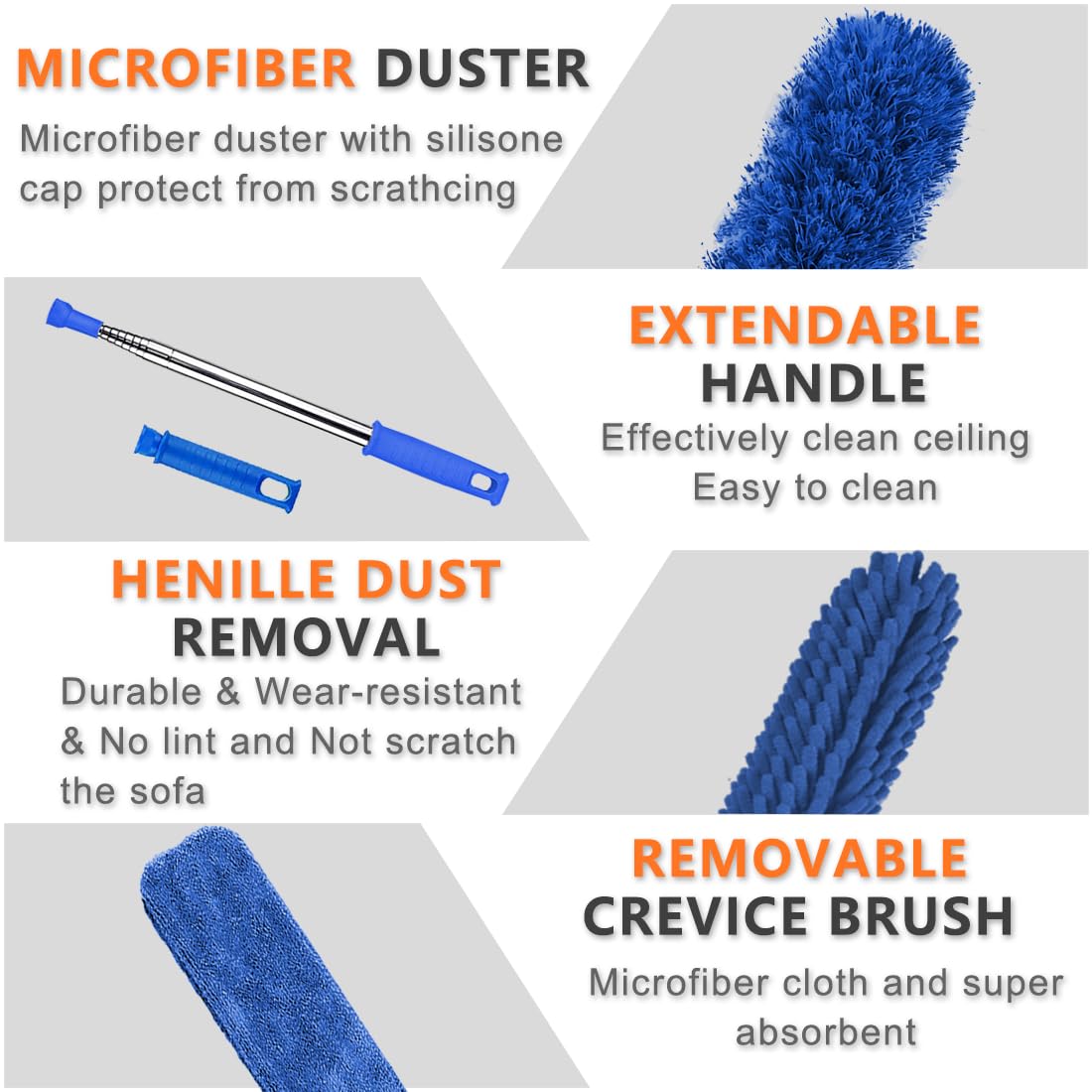 Professional Microfiber Feather Dusters for Cleaning, 6PCS Extendable Bendable Dusters with 100" Telescopic Pole, Washable & Reusable Cleaning Kit