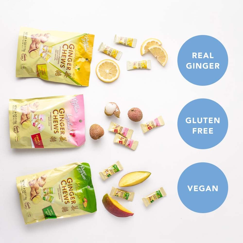 Prince of Peace Ginger Chews Assrted Flavors, 8 oz - Lemon, Lychee, Blood Orange, Mango - Candied Ginger - Candy Pack - Ginger Chews Candy - Natural