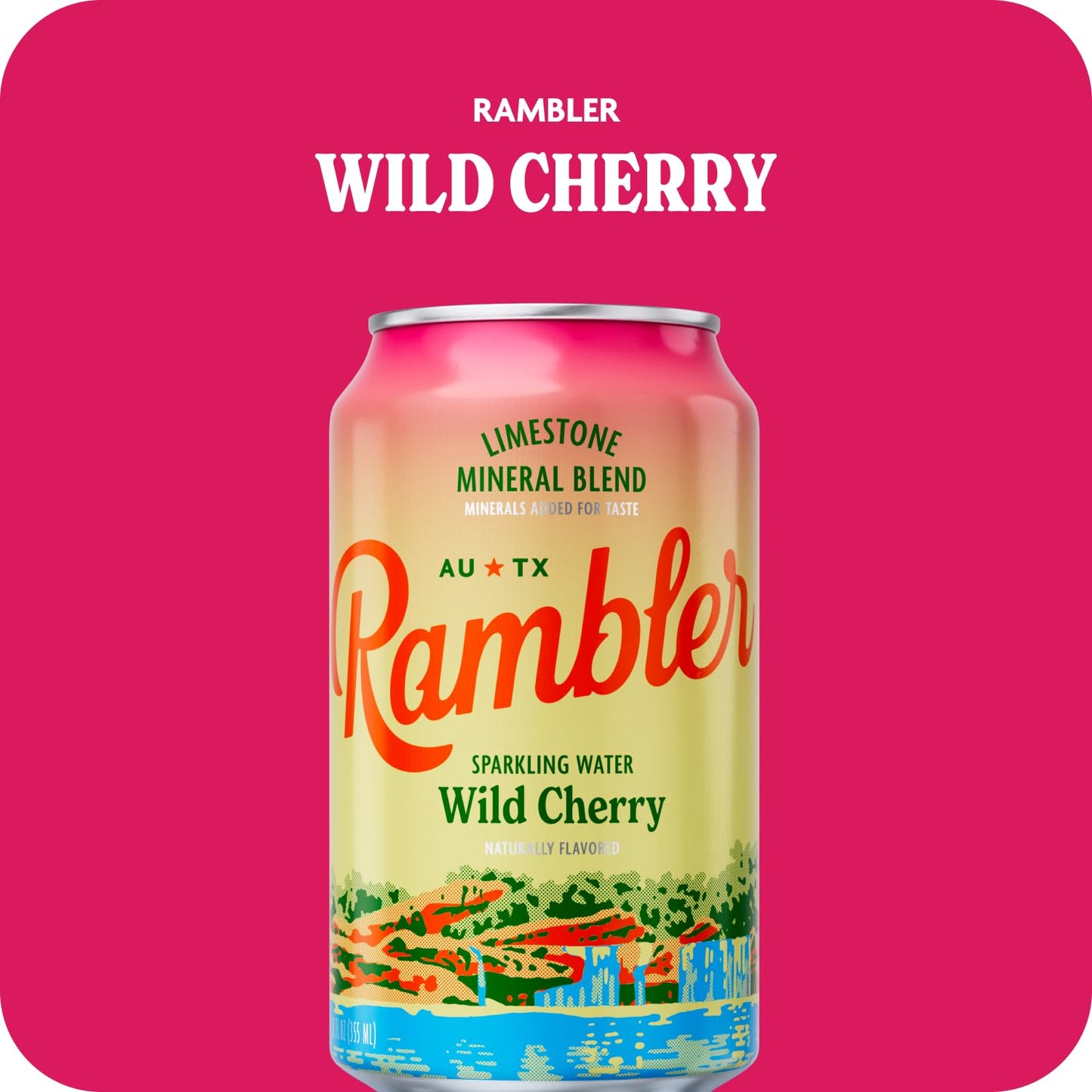 AUTX RAMBLER Sparkling Water, Texas Limestone Mineral Blend, Wild Cherry Flavor, 12-Ounce Cans, 12-Pack
