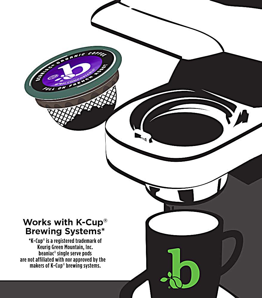 beaniac Organic Full On French Roast, Dark Roast, Single Serve Compostable K Cup Coffee Pods, Organic Arabica Coffee, Keurig Brewer Compatible, 30