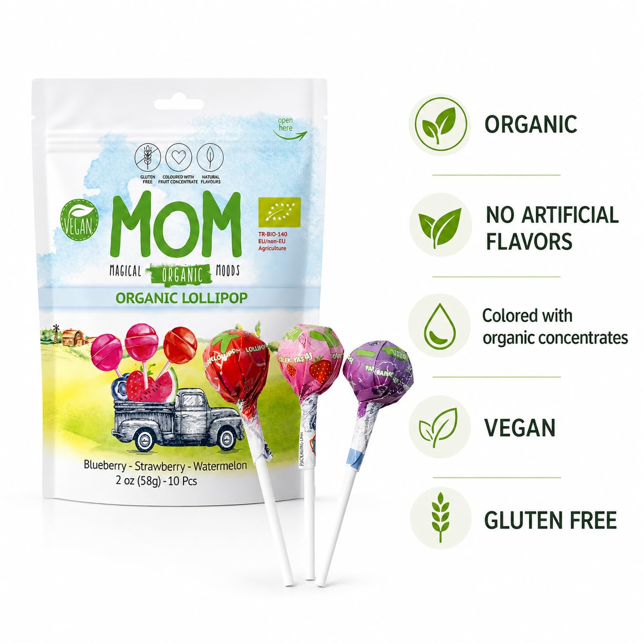 UNIQBITE Organic Lollipops, Vegan Gluten Free Pops with Strawberry Blueberry Watermelon Fruit Flavors, Natural Dye Free Suckers, Individually Wrapped