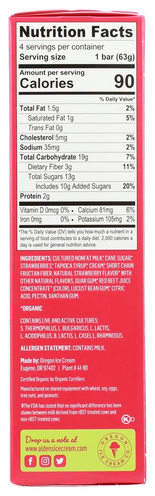 Aldens Organic Strawberry Yogurt Bar, 2.5 Fluid Ounce - 4 count per pack -- 12 packs per case.