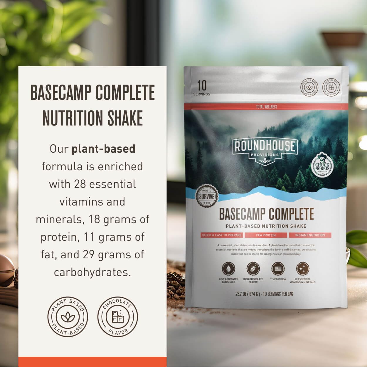 Basecamp Complete Nutrition Shake by Chuck Norris Roundhouse Provisions - Plant-Based Emergency Meal with 18g Protein & 28 Essential Nutrients - Rich