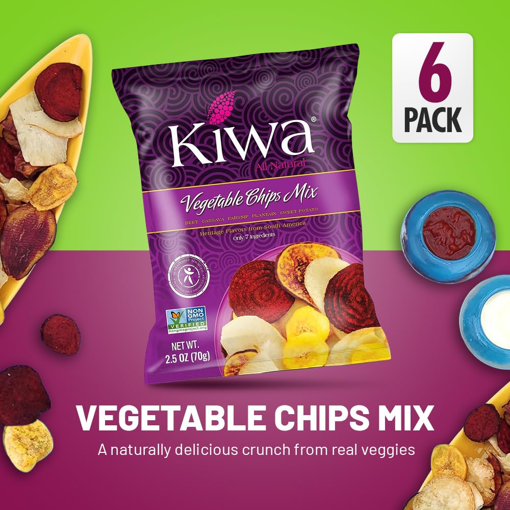 Kiwa Vegetable Chips Mix 6-Pack - Gluten-Free, Vegan, Kosher, Non-GMO Snack - Made with Cassava, Parsnip, Sweet Potato, Plantain & Beetroot - 2.5oz