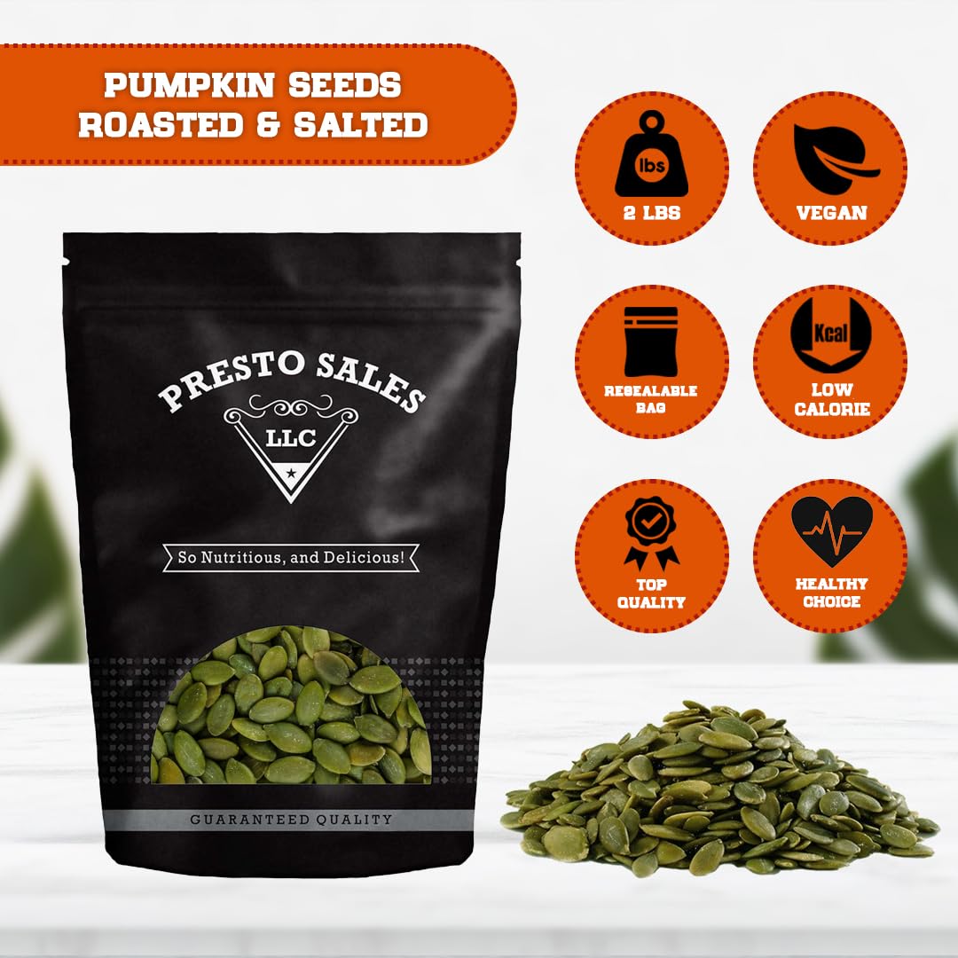 Pumpkin Seeds, Roasted Salted Green Pepitas, Premium, Natural Snack, Eating Or Cooking, Nutritious, Packed in a resealable pouch bag of 2 lb. (32 oz.)