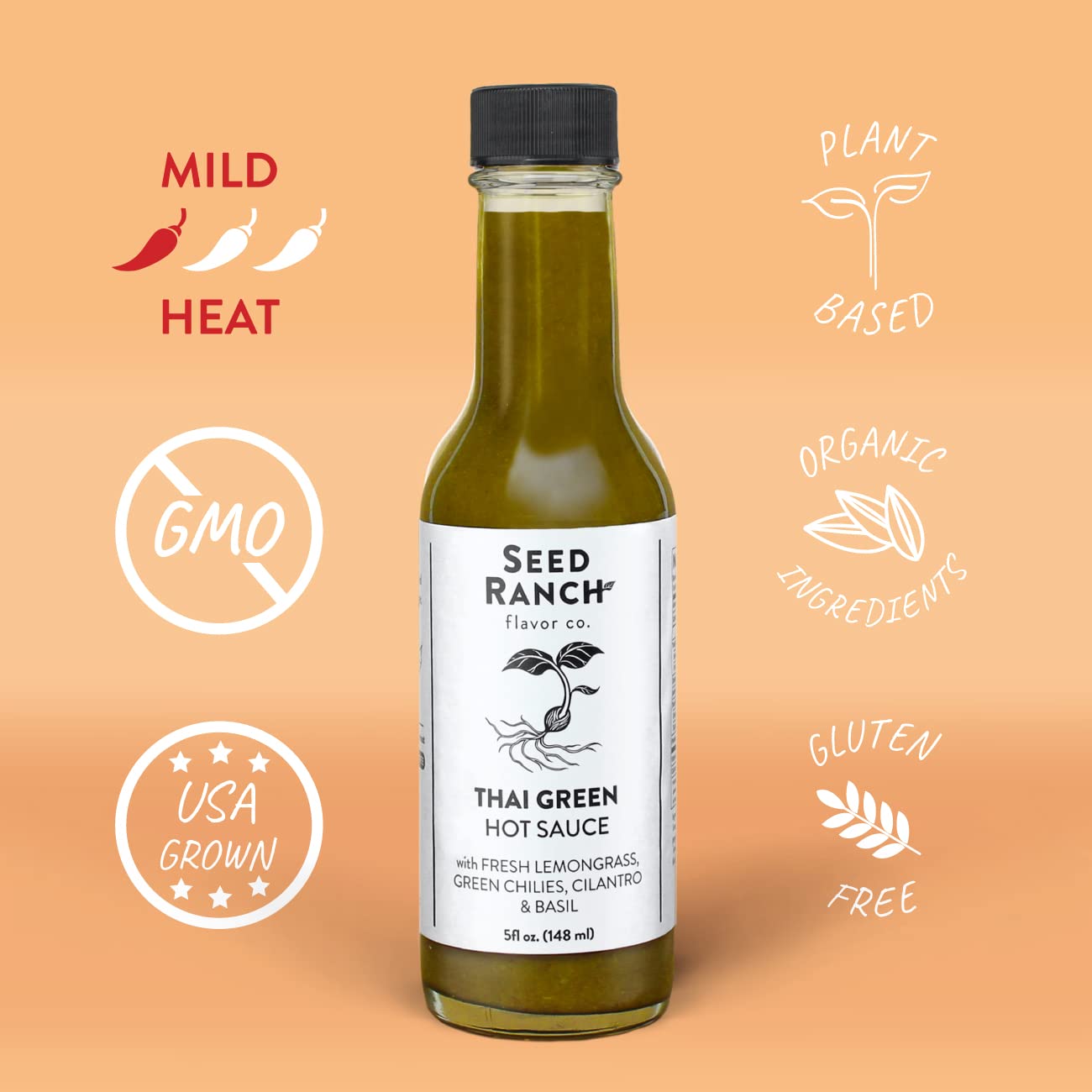 Seed Ranch Thai Green Hot Sauce, 3 Pack - Mild Heat - Lemongrass, Green Chilies, Cilantro & Basil, Organic Gourmet Hot Sauce - Vegan, Non-GMO