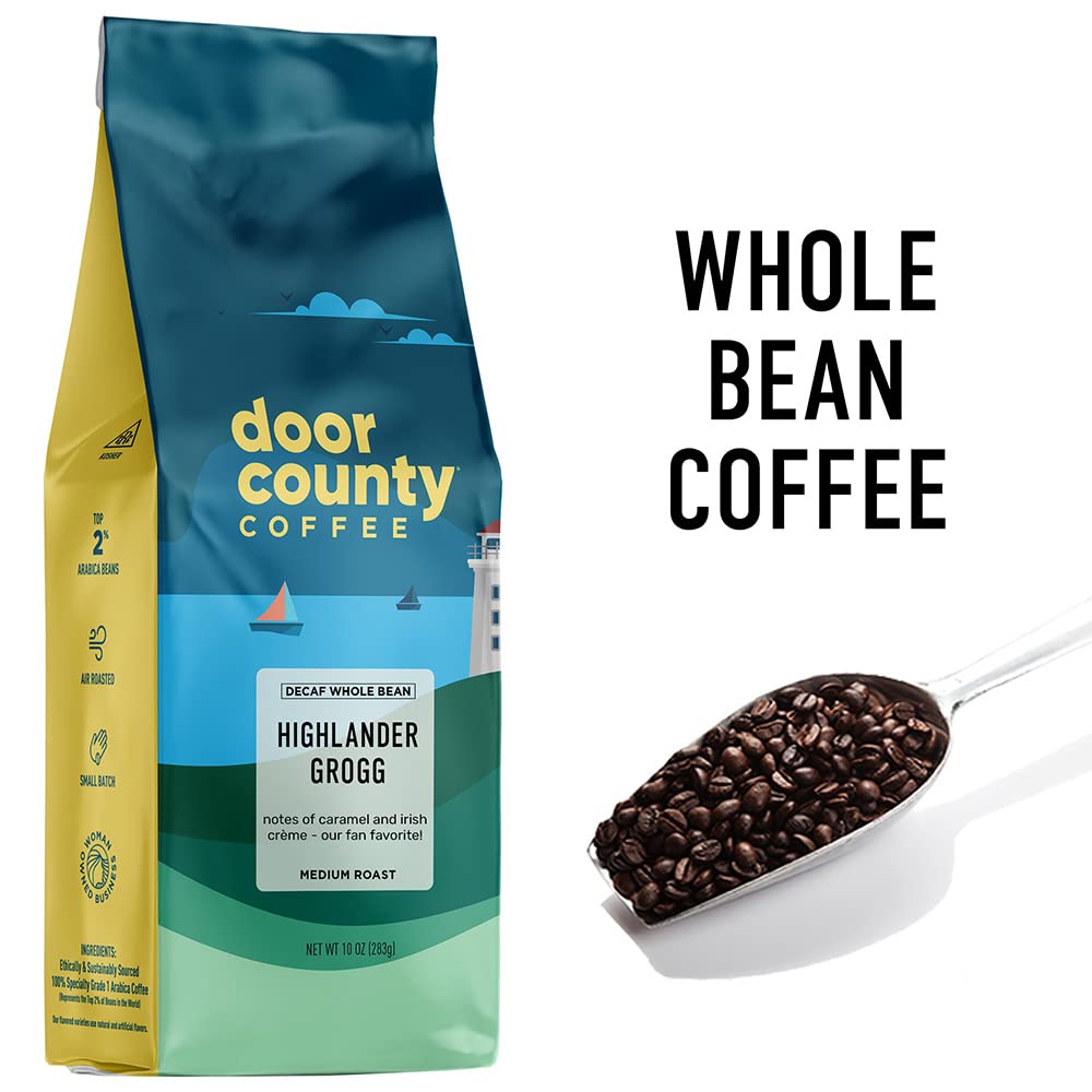 Door County Coffee Highlander Grogg DECAF Flavored Whole Bean - 10 oz Bag - Medium Roast - 100% Specialty Arabica - Flavored Gourmet - Highlander
