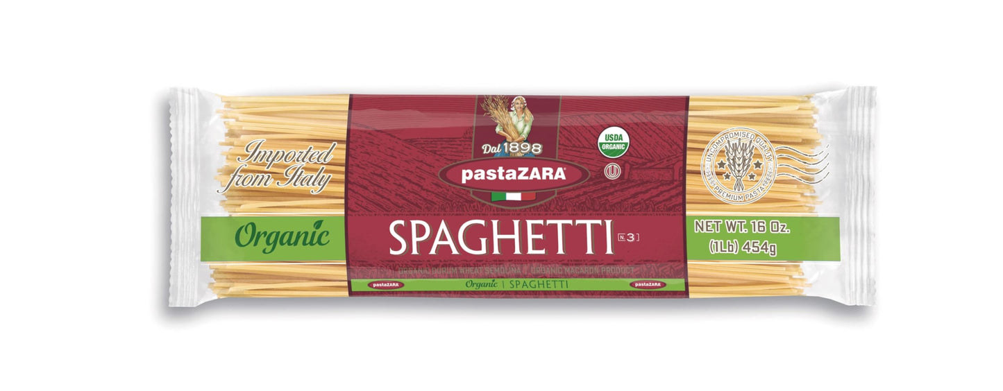 PASTA ZARA - Spaghetti - Organic - 100% Italian Pasta, Made with Durum Wheat Semolina Flour, Non GMO (1 LB. BAG) - Consistently al Dente.
