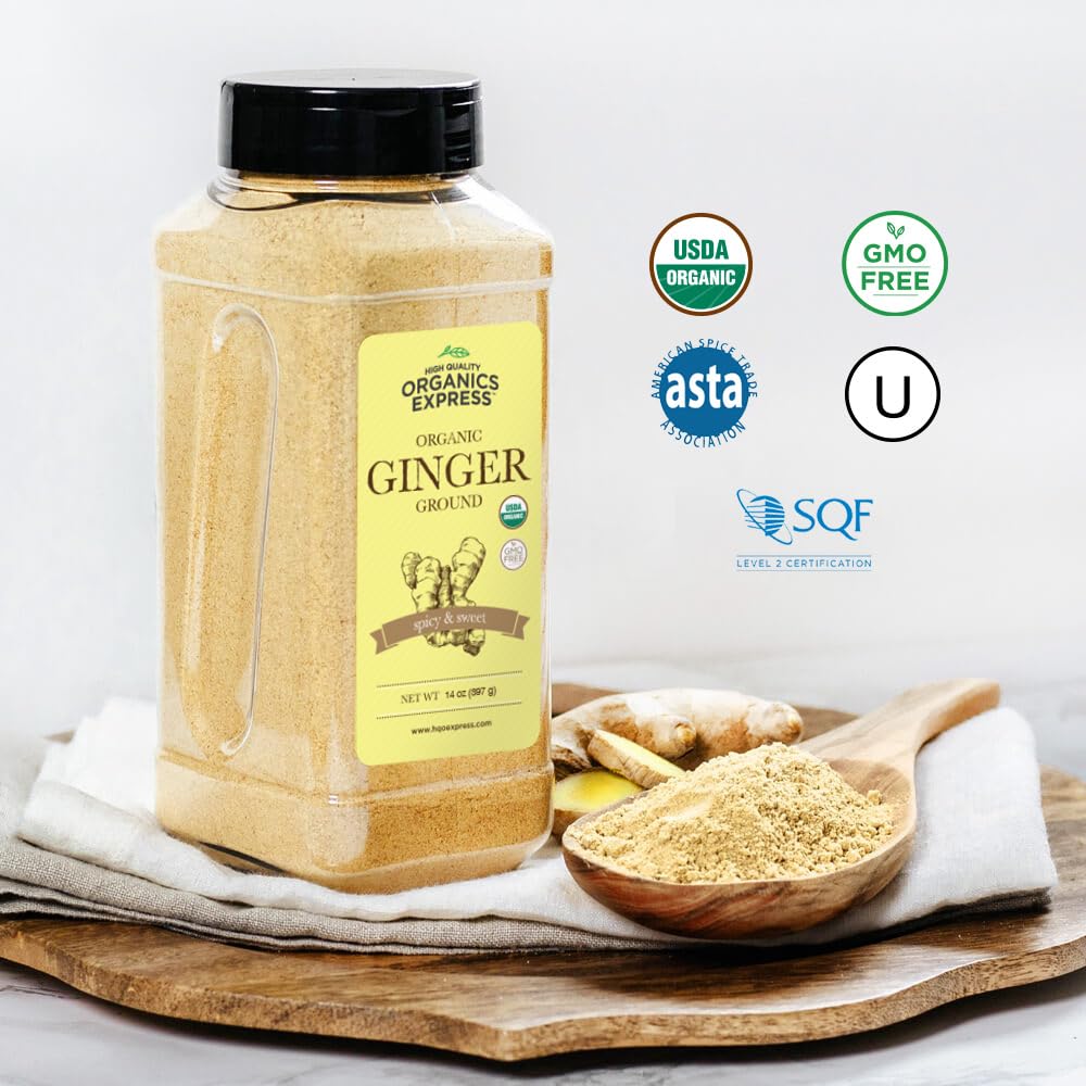 HQOExpress Organic Ground Ginger - Non GMO, Kosher, USDA Certified Organic Ginger Powder - Hot and Spicy Aromatic Seasoning for Baking, Rubs