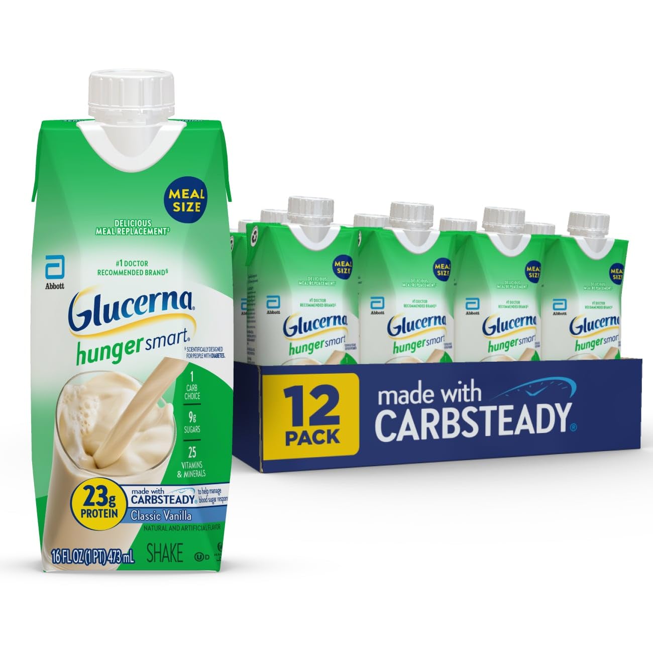 Glucerna Hunger Smart Meal Sized Diabetes Care Shake, Classic Vanilla, Diabetic Meal Replacement to Support Blood Sugar Management, 23g Protein, 250