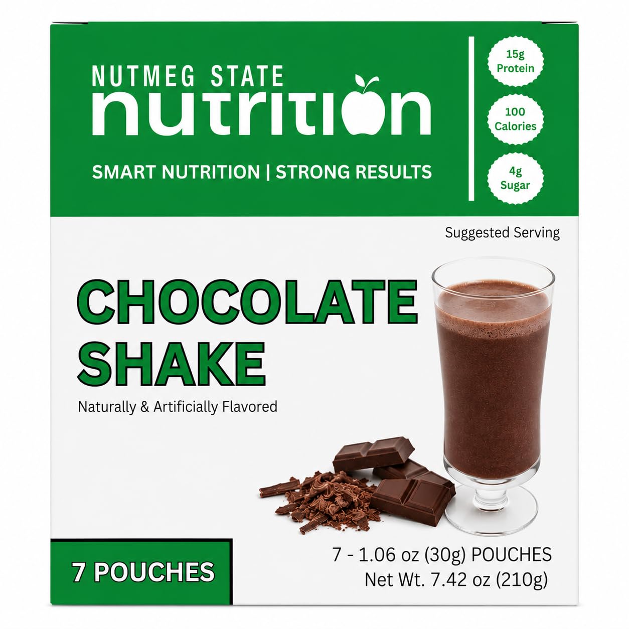Nutmeg State Nutrition - High Protein Shake Mix, 15g Protein, 100 Calories, 4g Sugar, Low Fat, Keto Friendly, 7 Packets Per Box (1 Box, Chocolate)