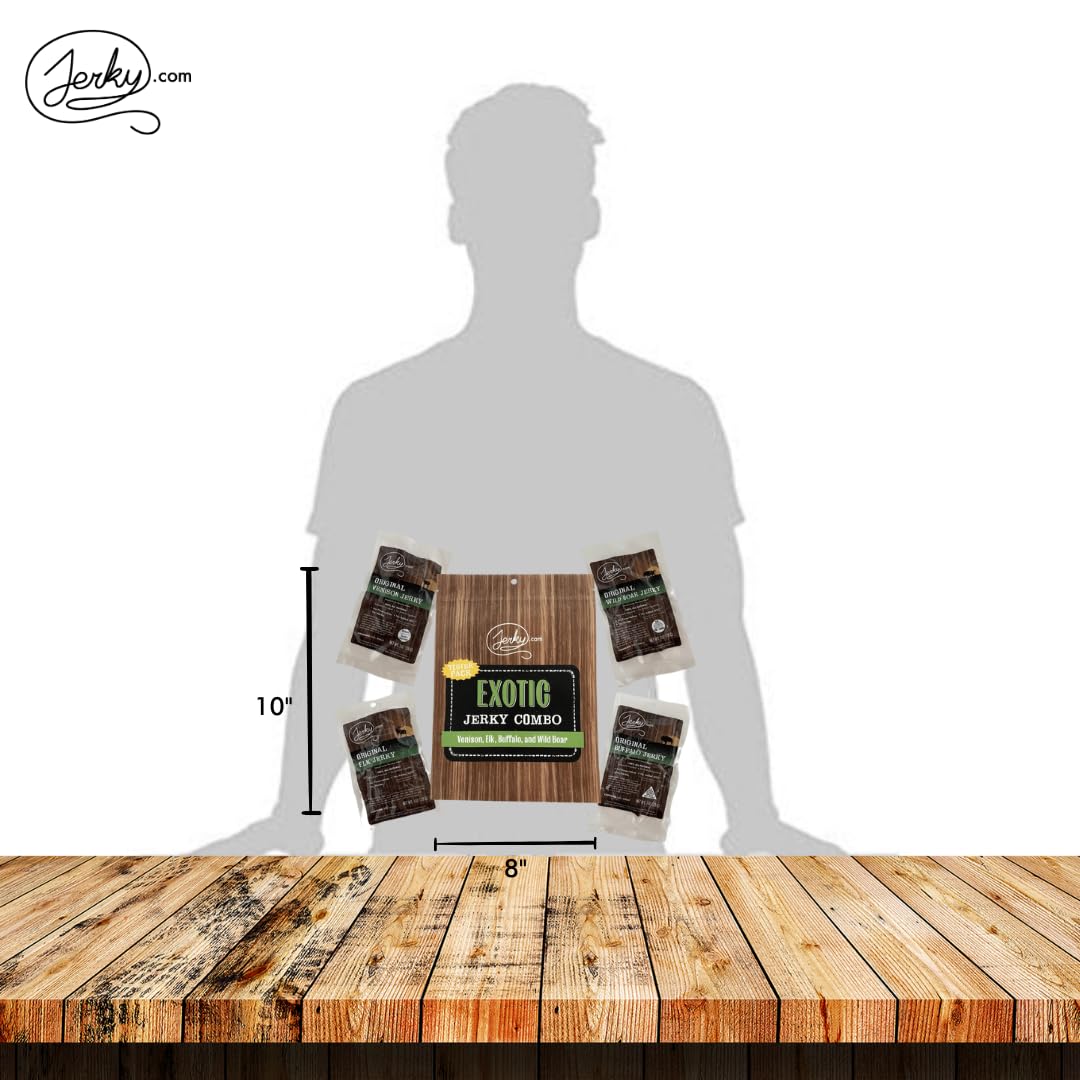 Jerky.com Exotic Jerky Variety Pack | 4pc Wild Game Snacks Sampler with Venison, Elk, Buffalo & Wild Boar | High Protein, Keto, Exotic Jerky Gifts