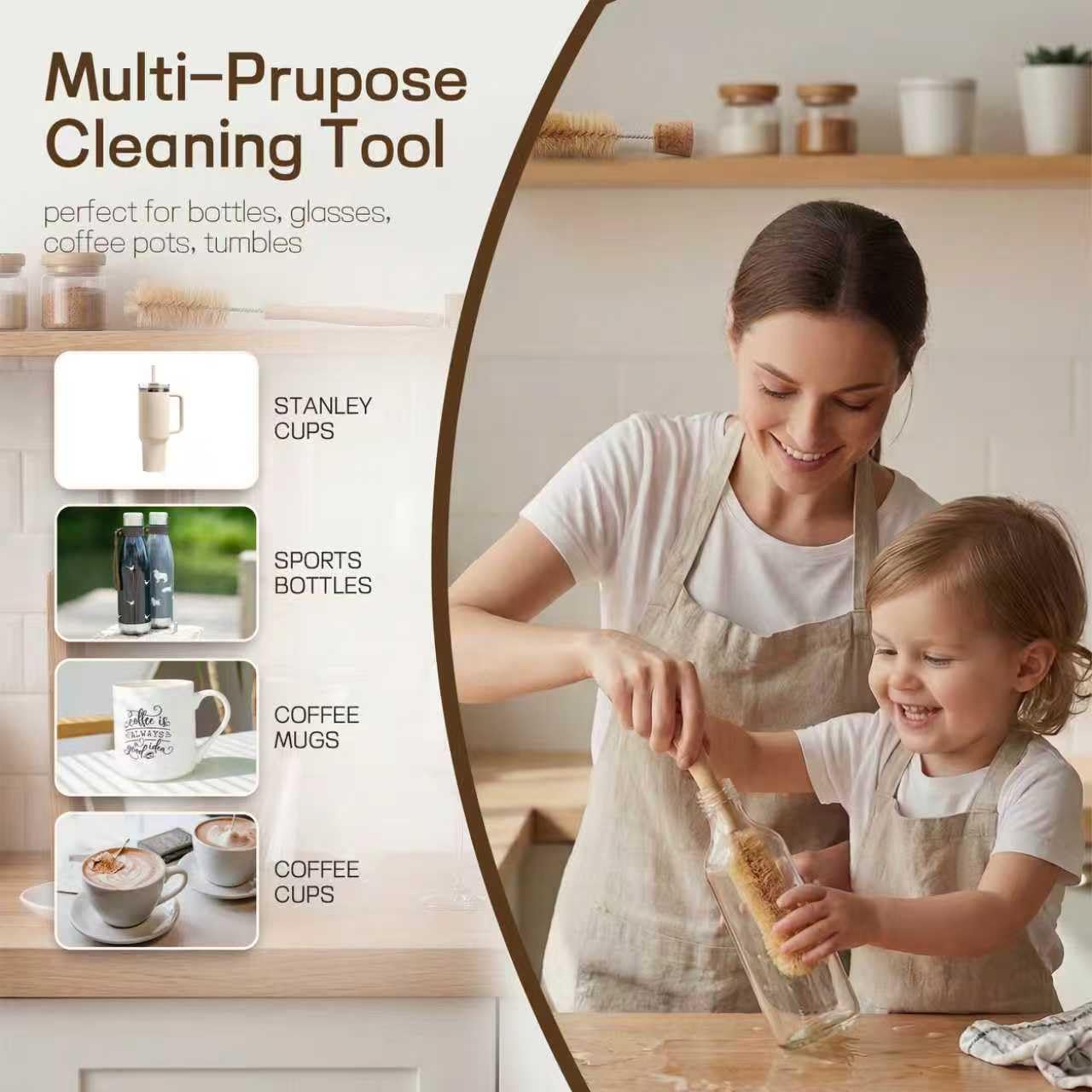 MI BRUSHAX Bottle Brush Cleaner,Long Beech Wood Handle Non-Scratch,L-Shape for Cleaning Coffee Cups,Mason,Thermos,Glass Bottle,Beer Bottles,Wine