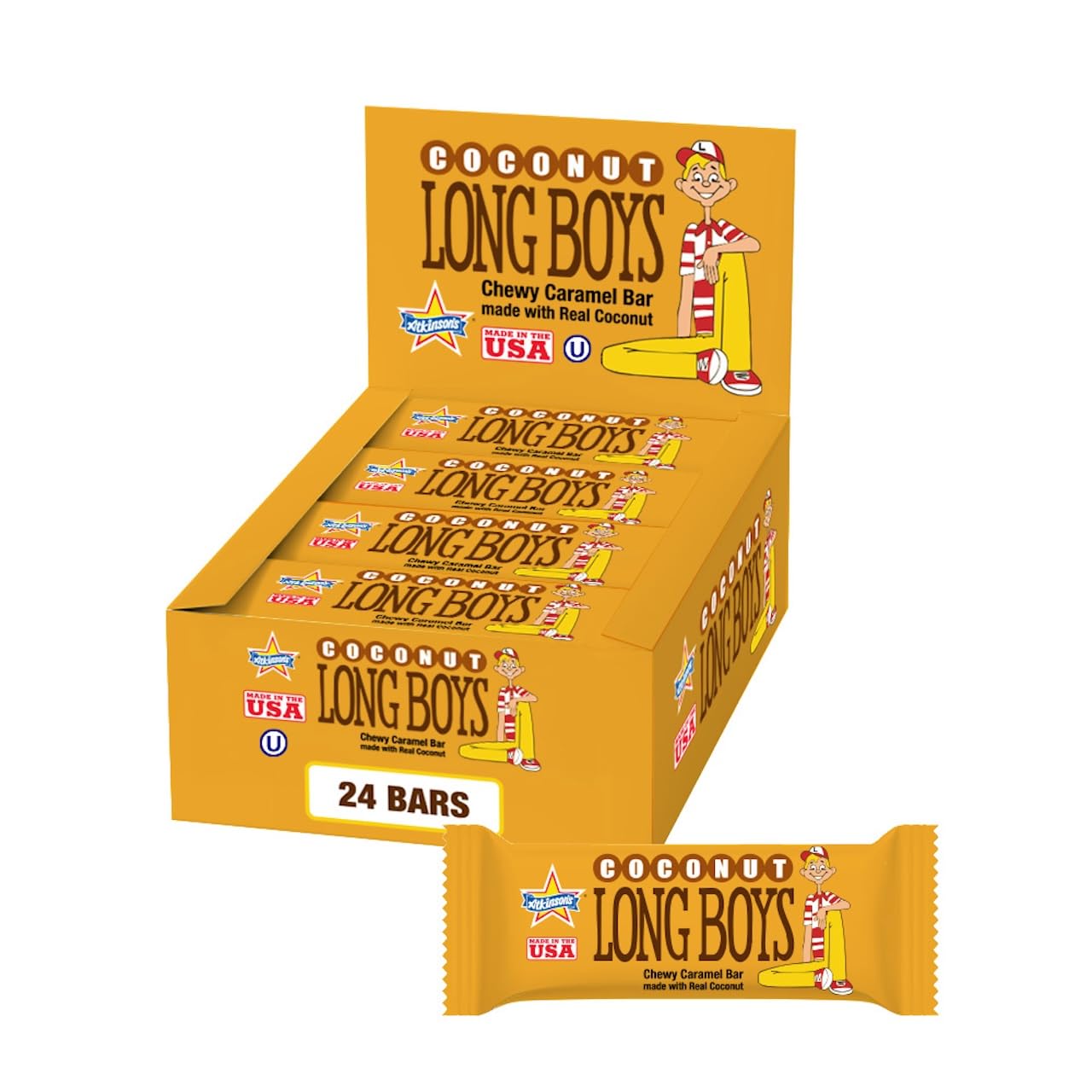 Atkinson's Long Boys Coconut Creamy Caramel Candy Bar 1.5oz 24ct Pack