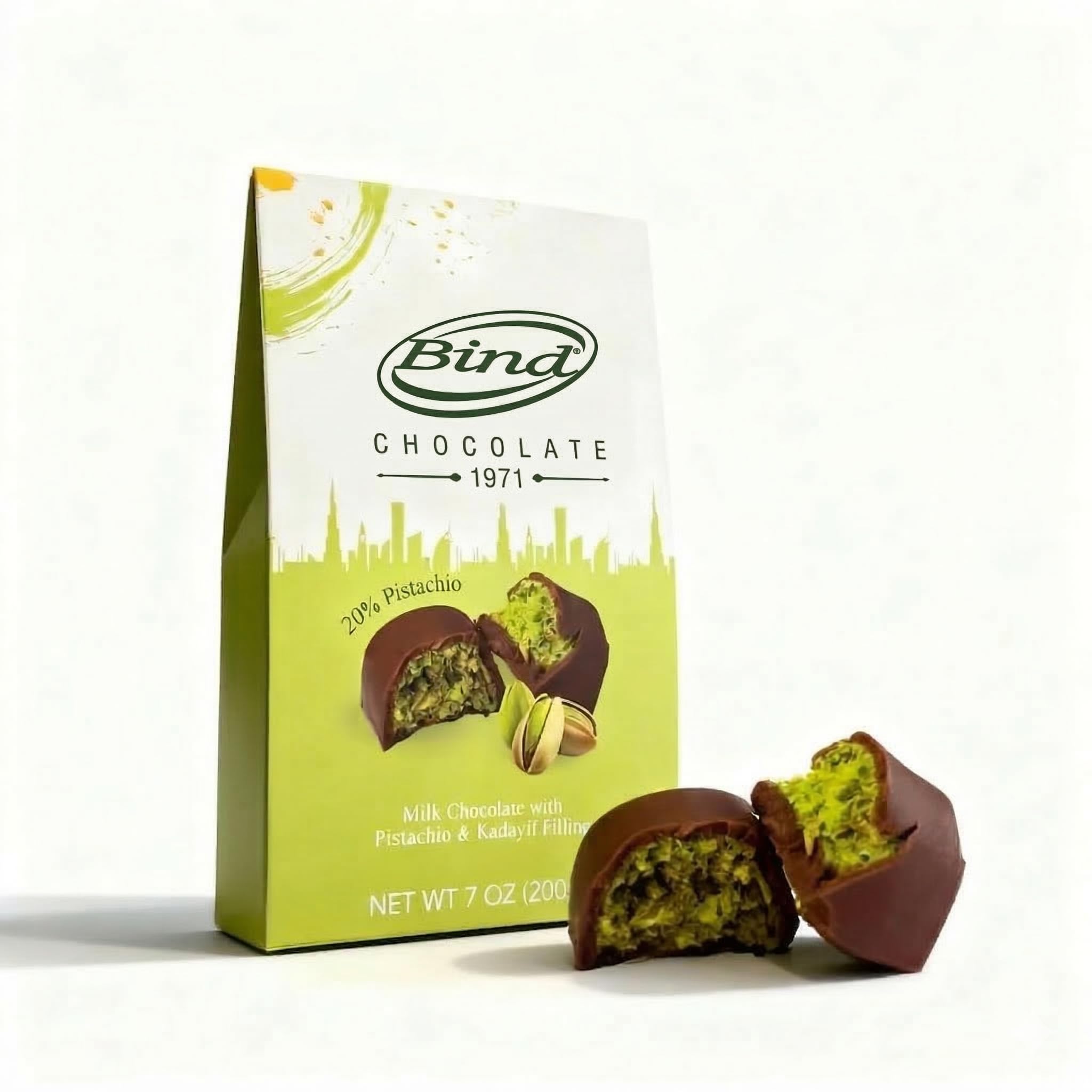 Bind Authentic Dubai Chocolate Bites - Premium Milk Chocolate with 20% Pistachio & Crispy Kadayif Kunafa Filling - Gourmet Middle Eastern Treat, 7 oz