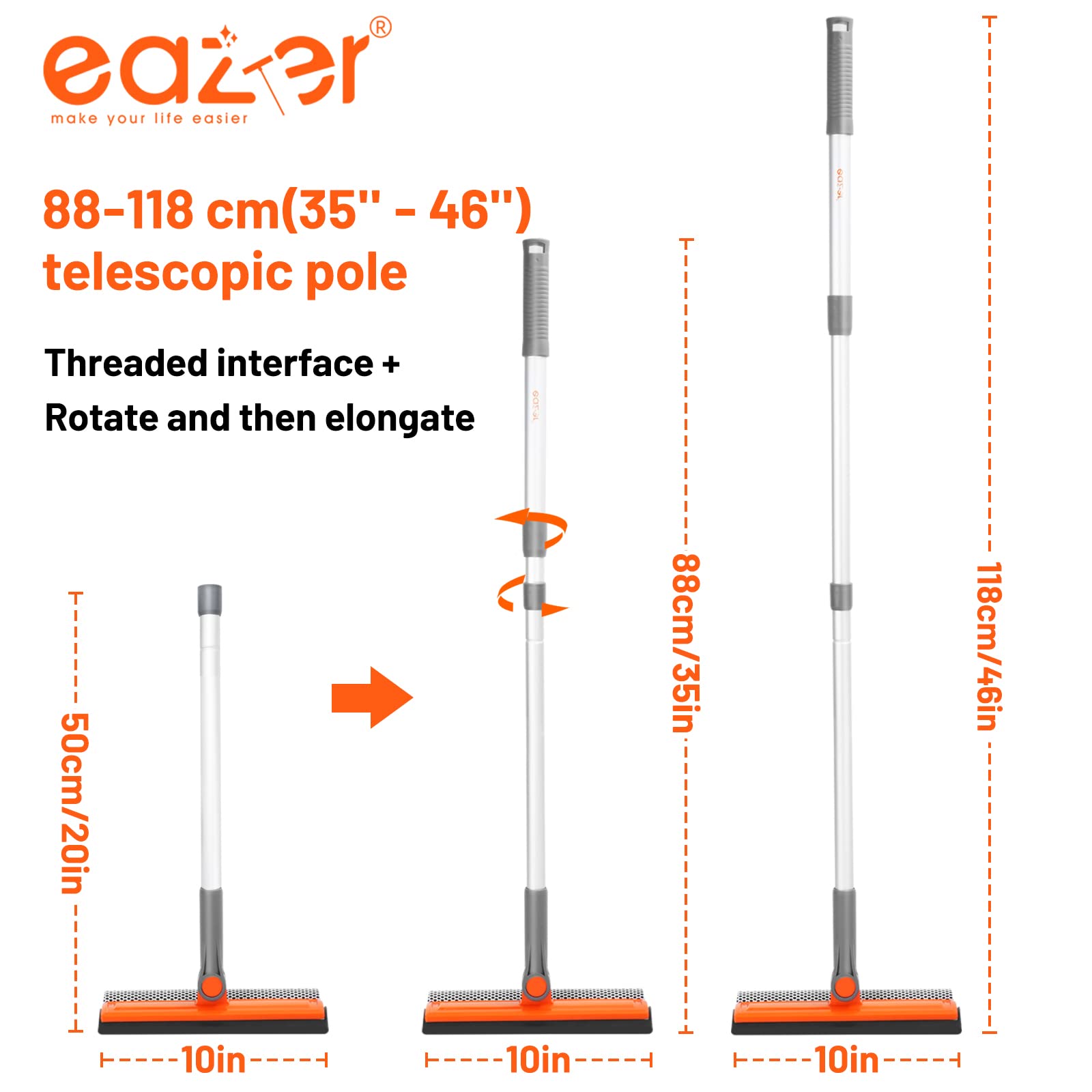 Eazer 46'' Professional Window Cleaner Tool, 2-in-1 Rotatable Squeegee for Window Cleaning Kit, Window Washing Equipment Kit with Threaded Extension