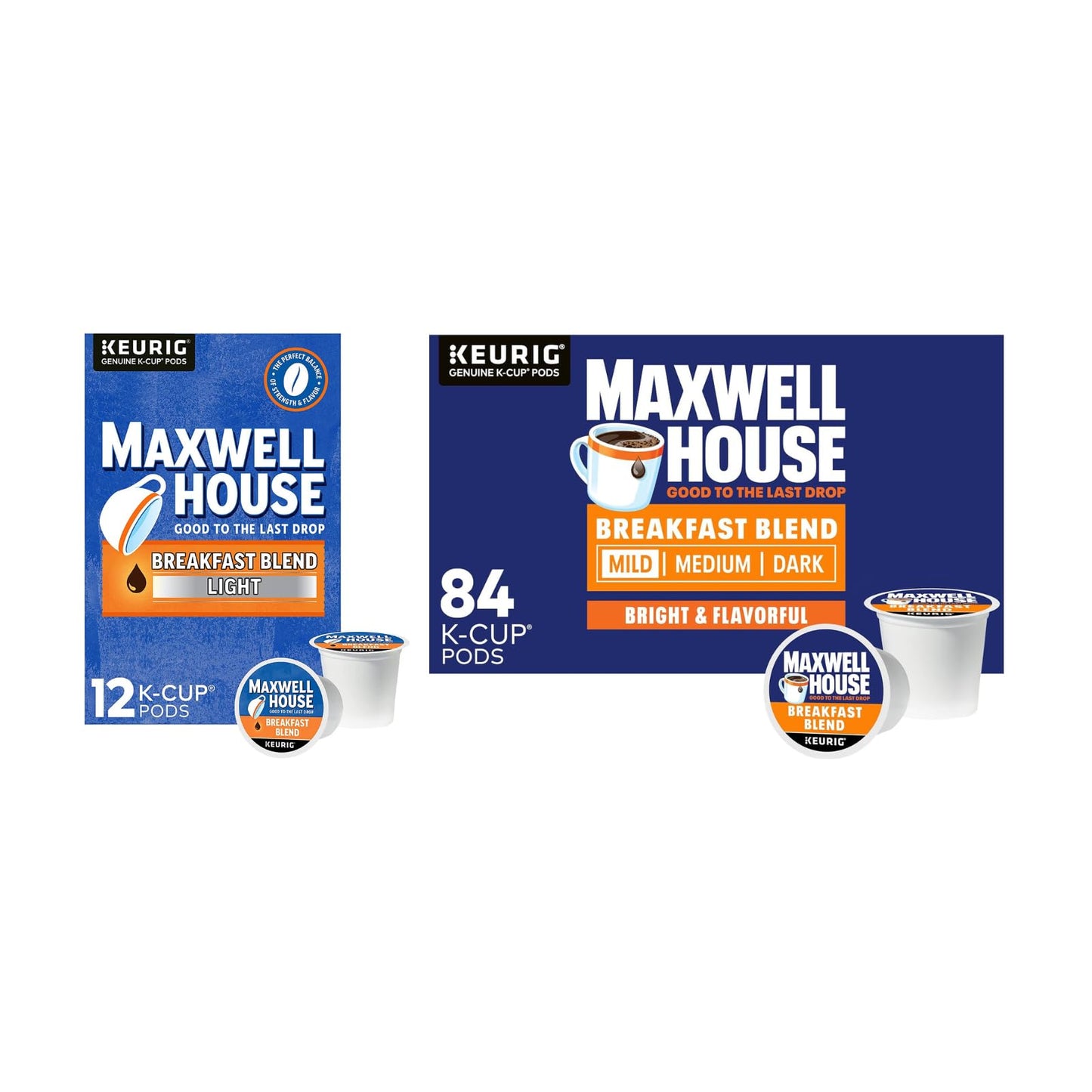 Maxwell House House Blend Medium Roast K-Cup Coffee Pods 84 CT + Breakfast Blend Light Ground Coffee K-Cup Pods 12 CT (Variety Pack)