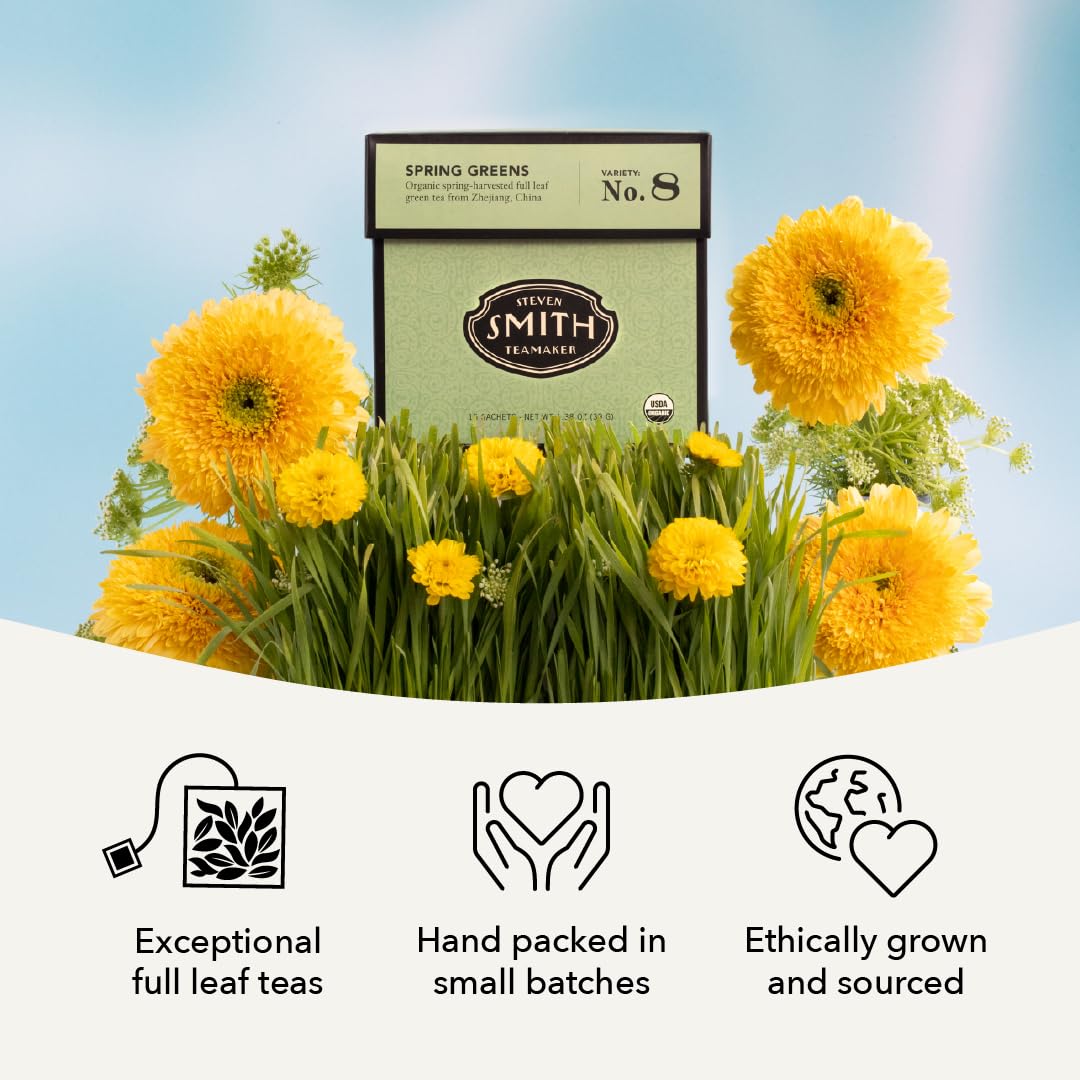 Smith Teamaker Spring Greens No. 8, Mao Feng Green Tea, Caffeinated, Sugar-Free, Sustainably Grown Full Leaf Green Tea, 15 Sachets, 1.3oz each