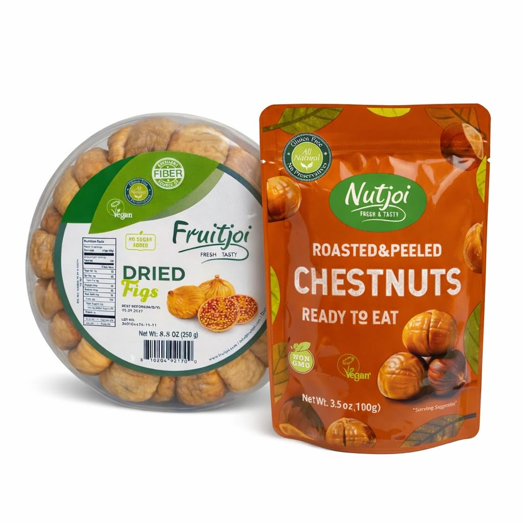 Roasted & Peeled Chestnuts and Dried Figs Bundle - Mediterranean Healthy Snack Variety Pack - 2 Packs Ready to Eat Chestnuts + 1 Pack Natural Dried