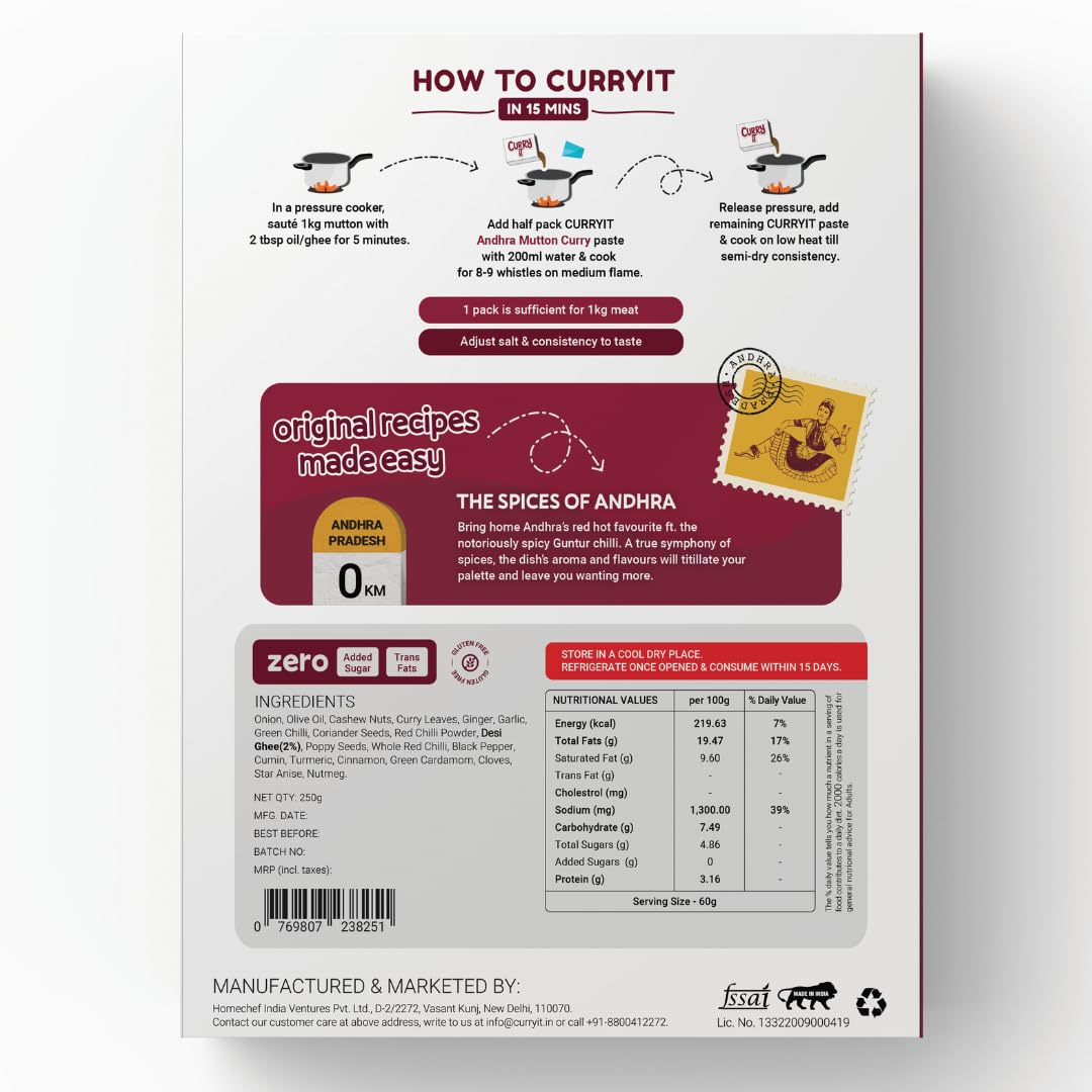 CURRYiT Instant Andhra Mutton Curry Paste | Just Add Lamb, Chicken, Fish | Ready in 15-30 Mins | Serves 6 | Made with Ghee | No Preservatives | Ready
