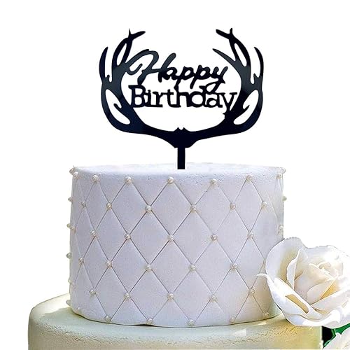 Antlers Happy Birthday Cake Topper Party Decorations (Black Acrylic)