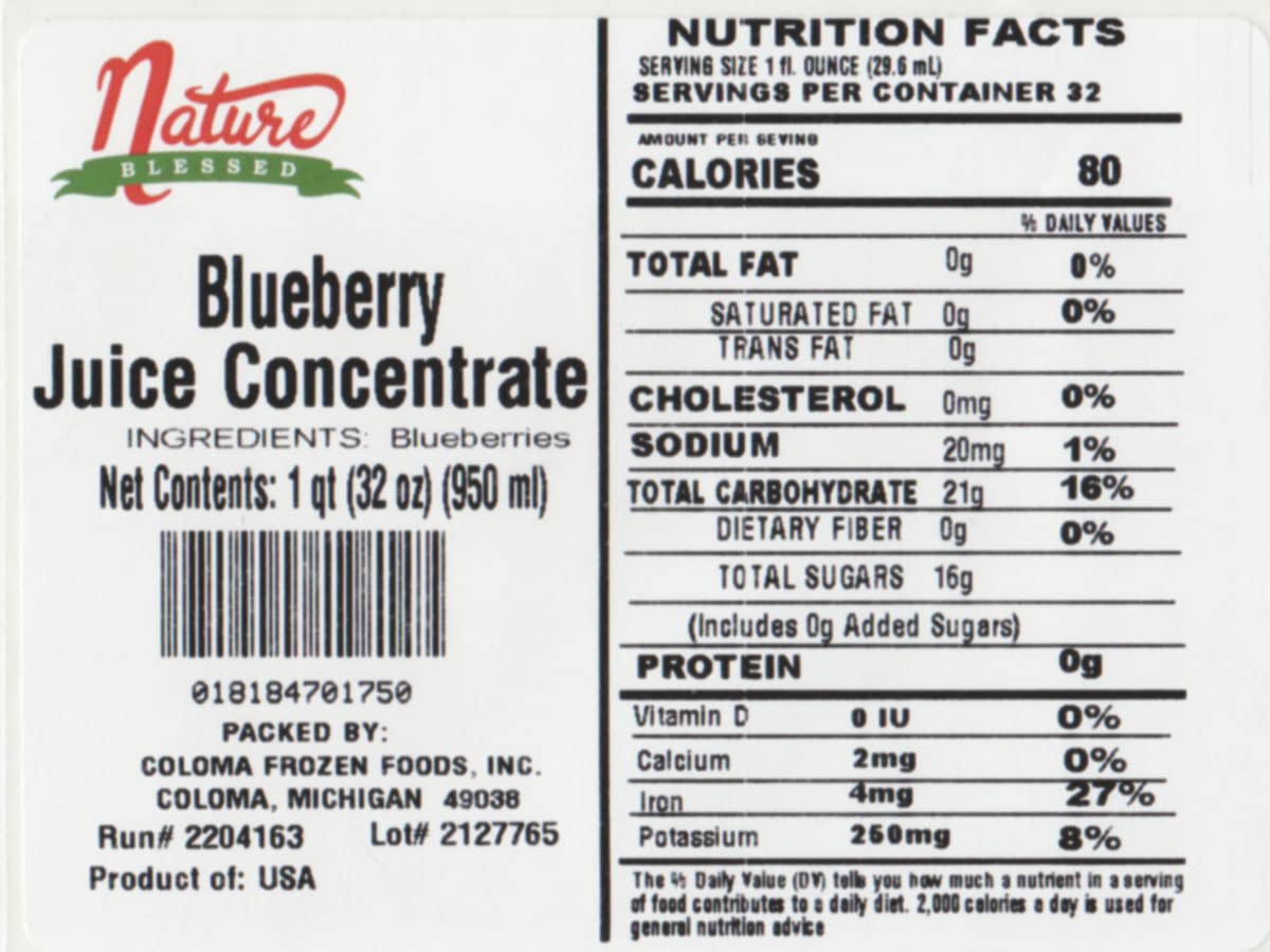 Nature Blessed 100% Pure Blueberry Fruit Juice Concentrate - 2 Quarts (2/32 fl oz bottles) Perfect for Wine, Home Brewing, Mead. Cider, Tea