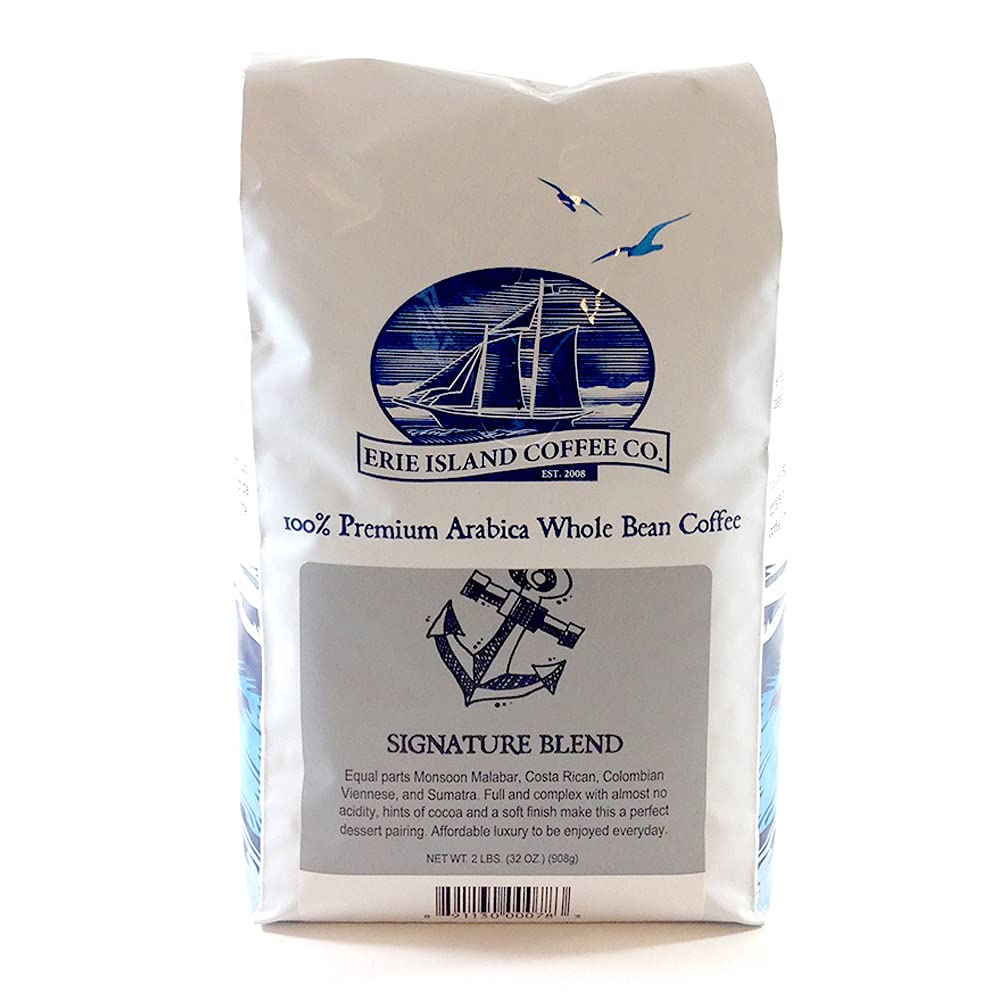 Erie Island Coffee, Whole Bean Signature Blend, Medium Roast, 2 LB. Bag, Flavorful Blend of Monsoon Malabar, Costa Rican, Columbian, Viennese
