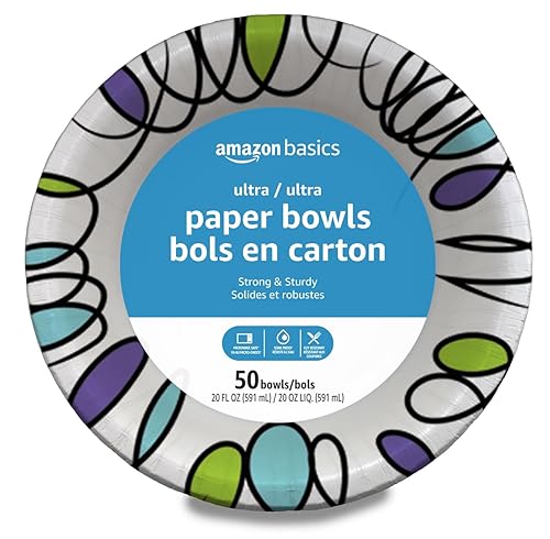 Amazon Basics Ultra Disposable Paper Bowls, 20 Oz, Microwave Safe, Soak Proof, Strong & Sturdy, White, 50 Count