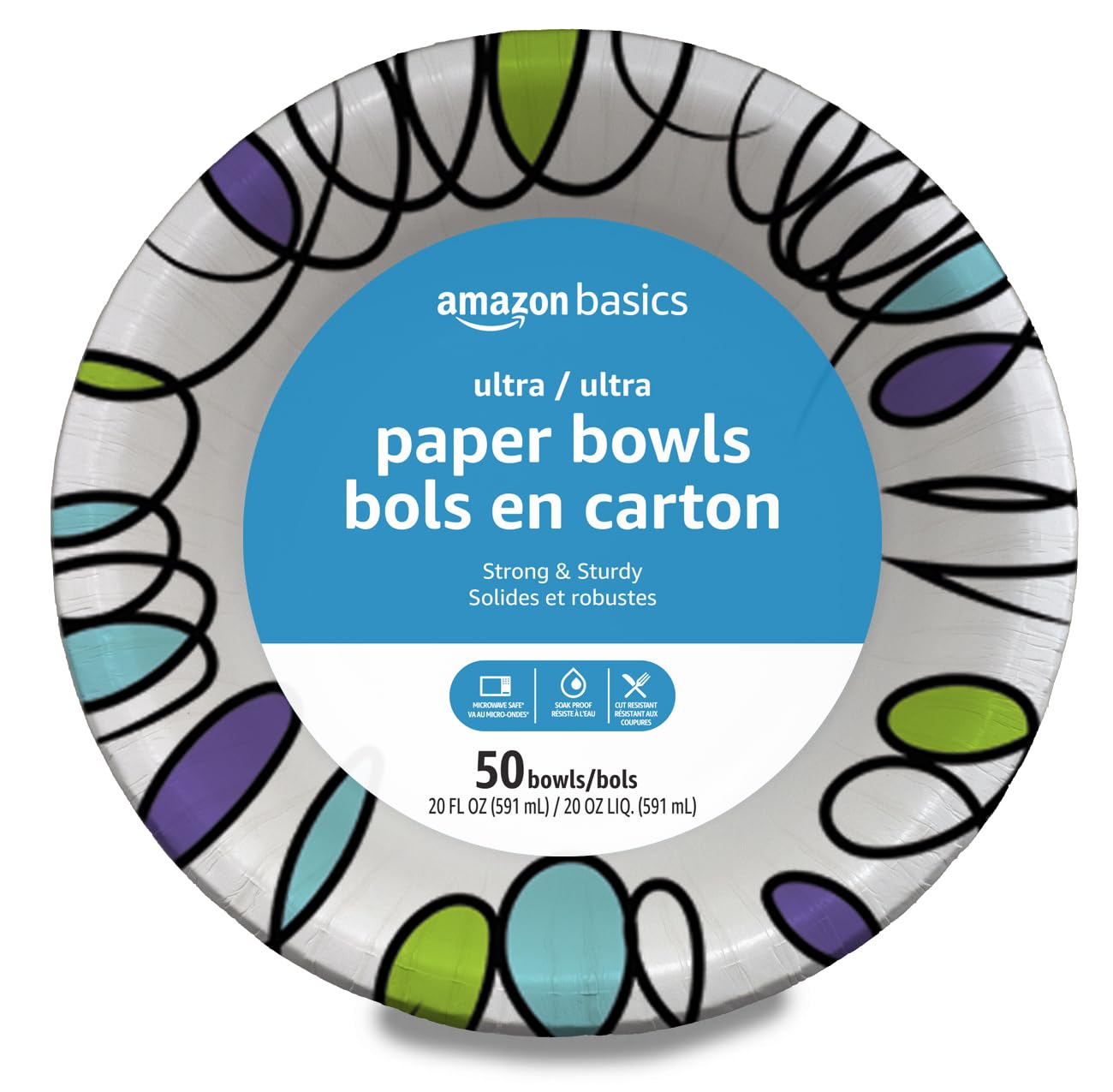 Amazon Basics Ultra Disposable Paper Bowls, 20 Oz, Microwave Safe, Soak Proof, Strong & Sturdy, White, 50 Count