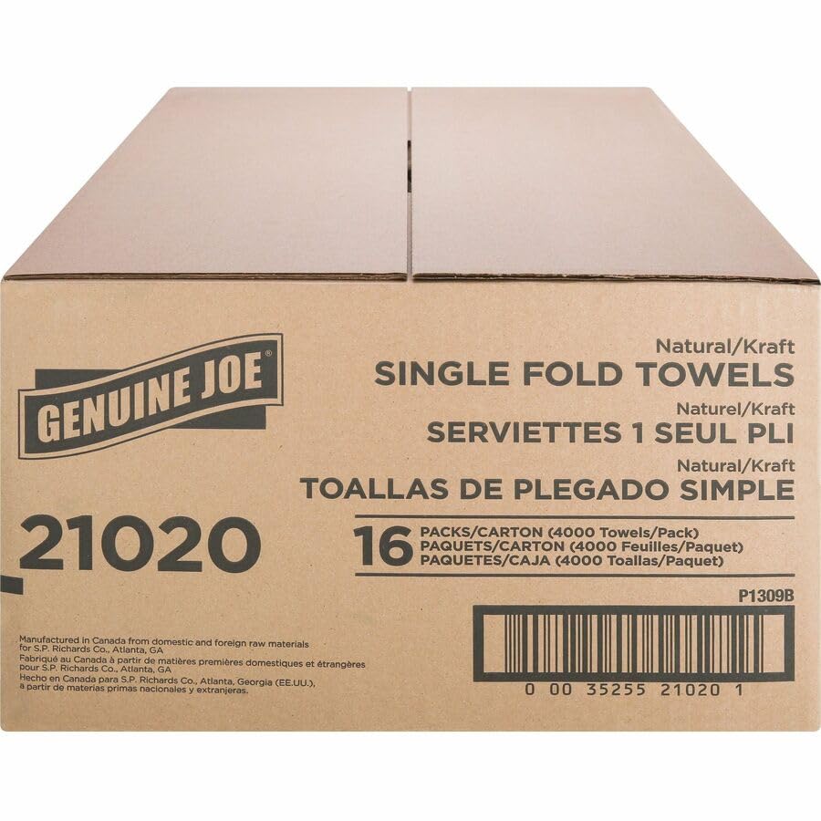 Genuine Joe Singlefold Paper Towels, 10.25" x 9.1", 1-Ply, Kraft, 250/Pack, 16 Count