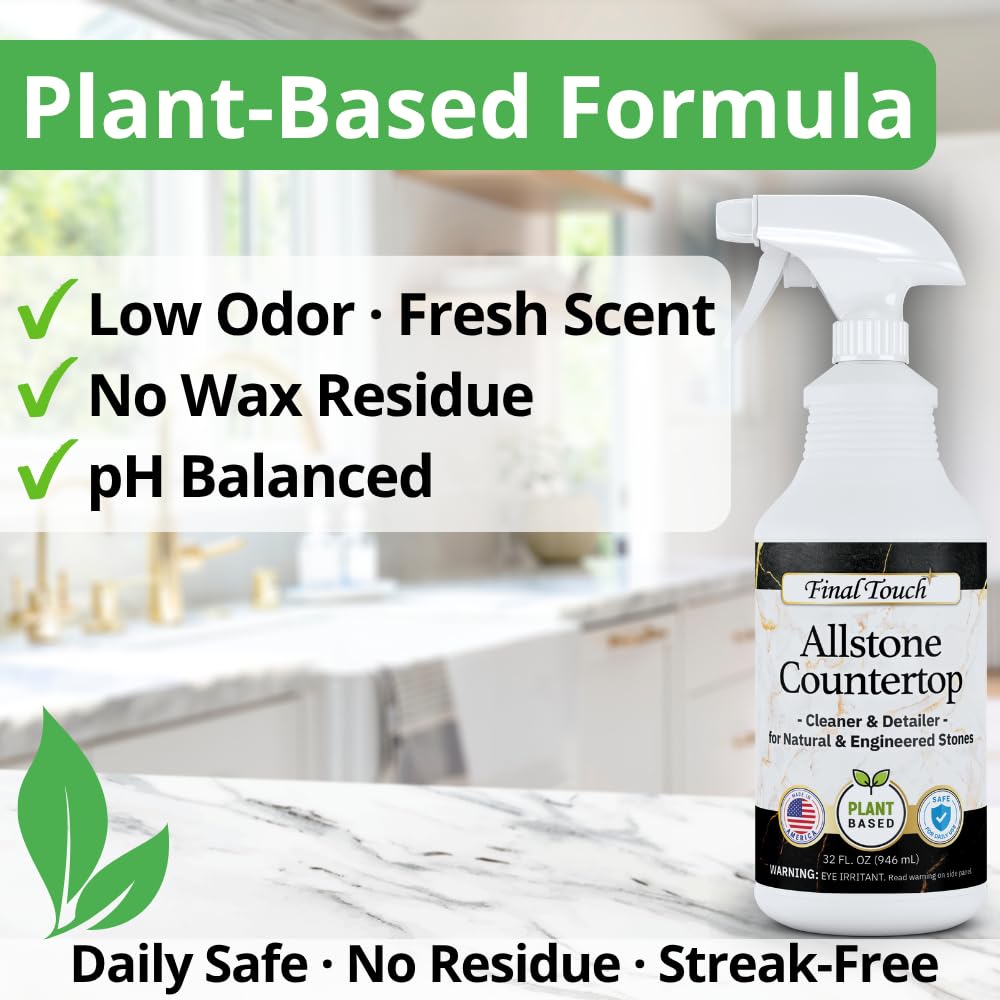 Final Touch AllStone Countertop Cleaner - Plant-Based Stone Safe Cleaning Spray with Scrub Brush - Daily Use Cleaner for Granite, Quartz, Marble