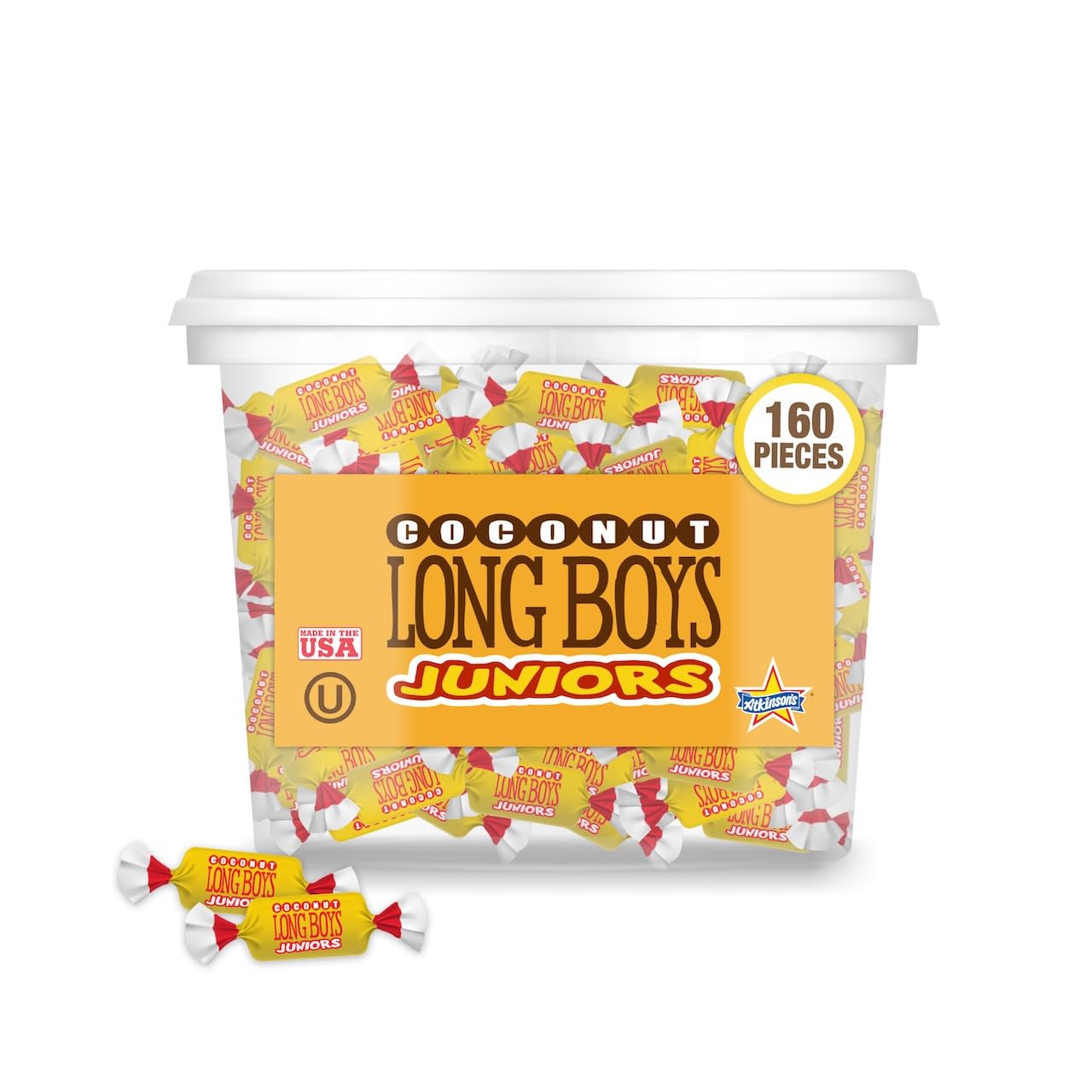 Atkinson's Long Boys Junior Coconut Caramel Bite Size Candy 0.16oz 160ct Tub